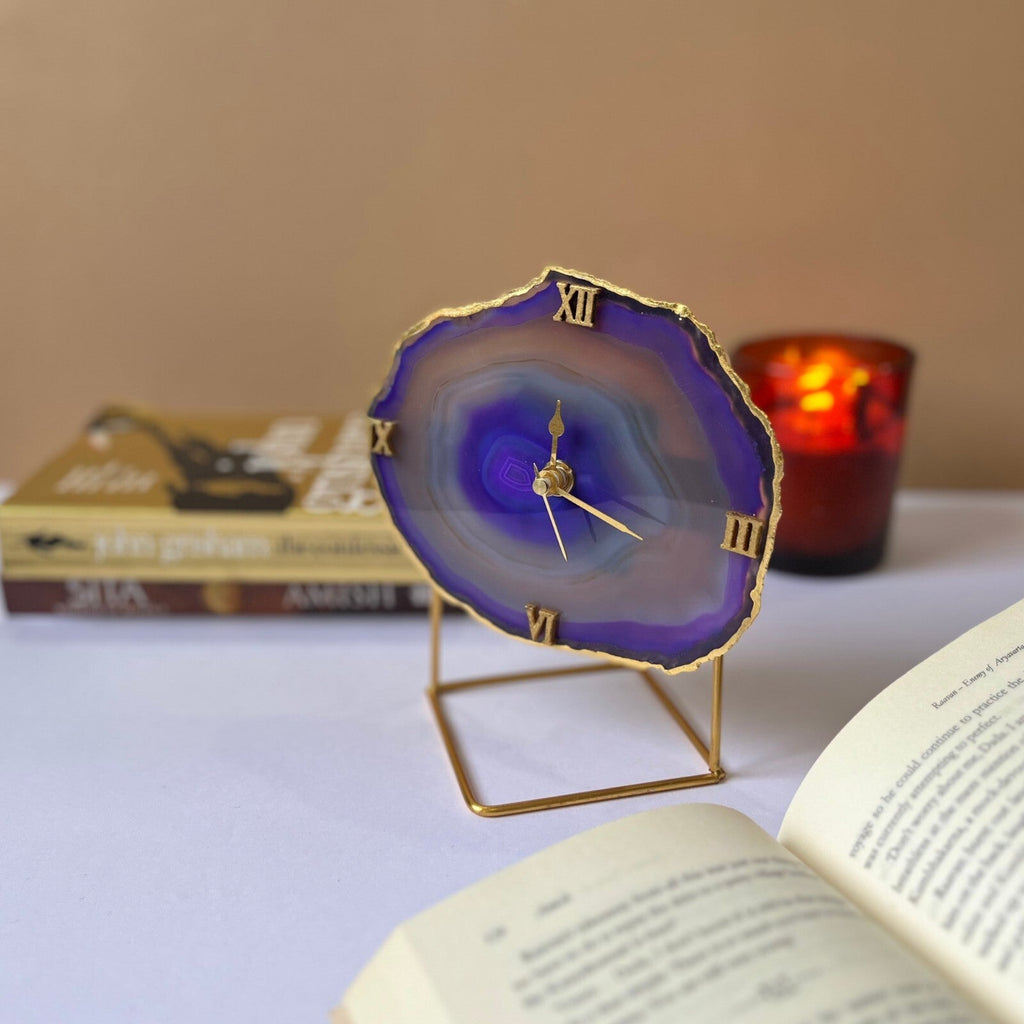 Purple Brazilian Agate Desktop Clock with Metal  Stand