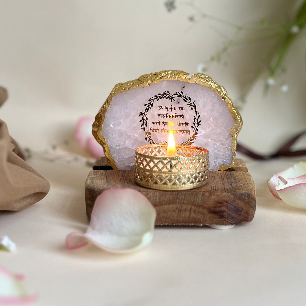 Gayatri mantra Agate Tea Light Holder  with Wood Stand
