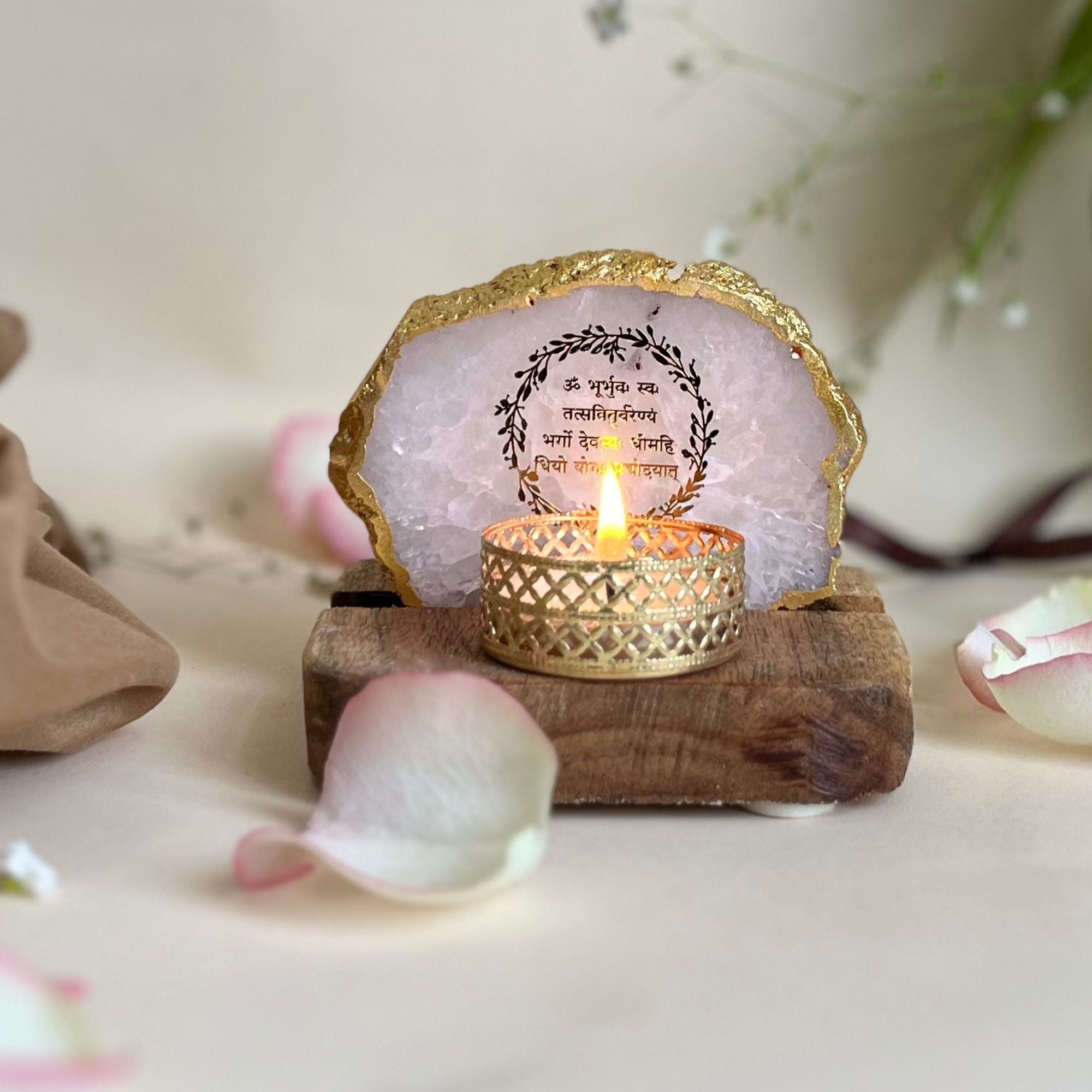 Gayatri mantra Agate Tea Light Holder  with Wood Stand