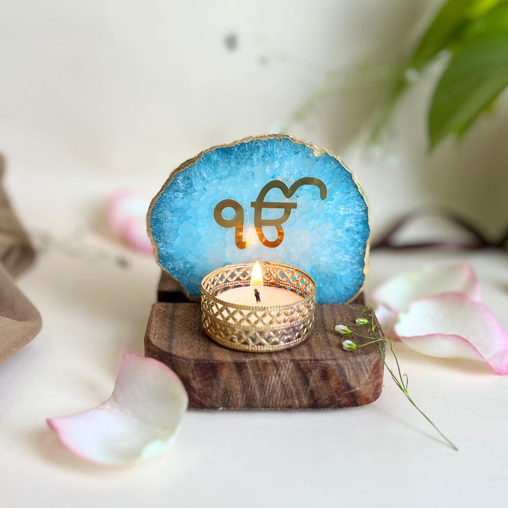 Ik Onkar Tea Light Holder Agate with Wood Stand