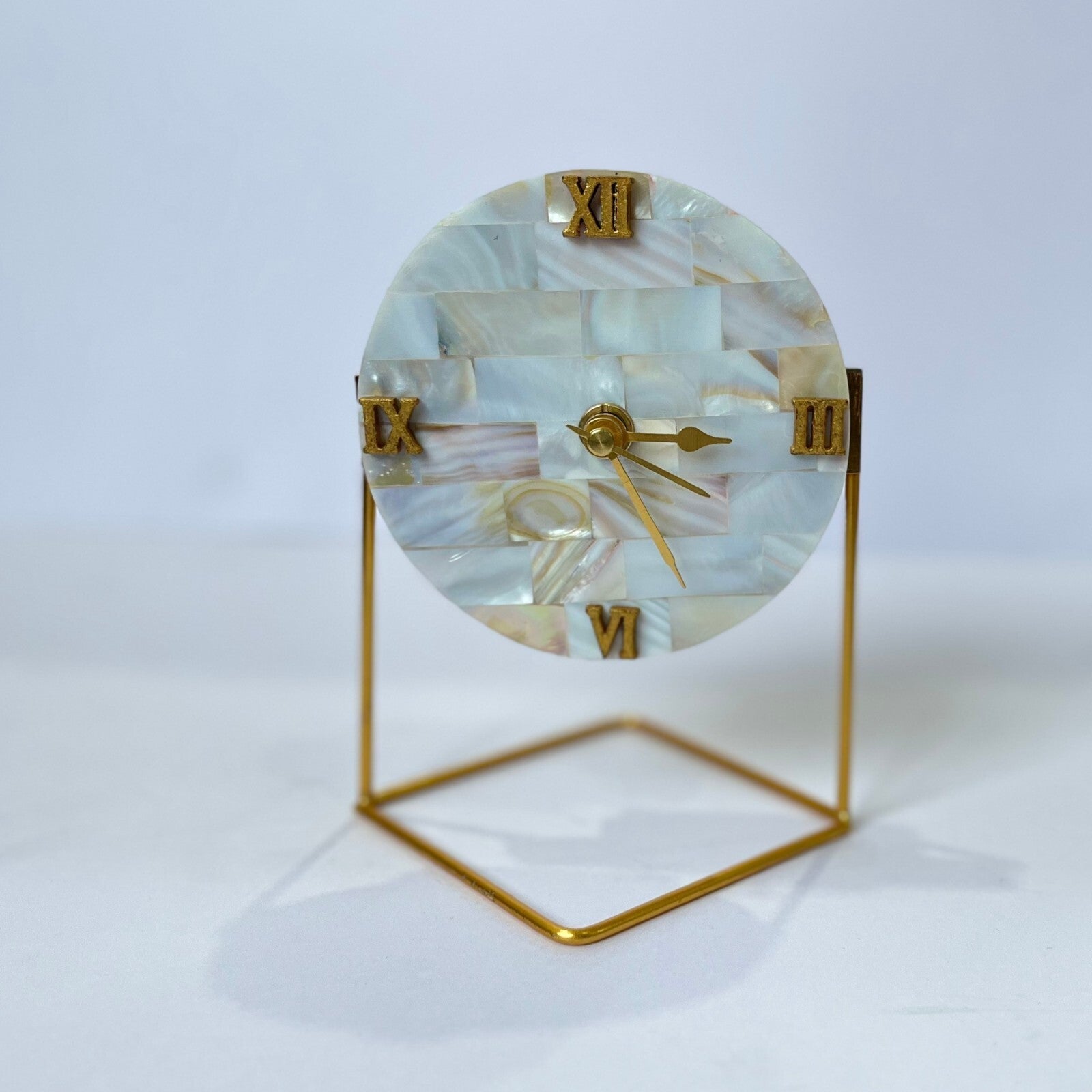 Square   Mother of Pearl Desktop Clock   With Metal Stand