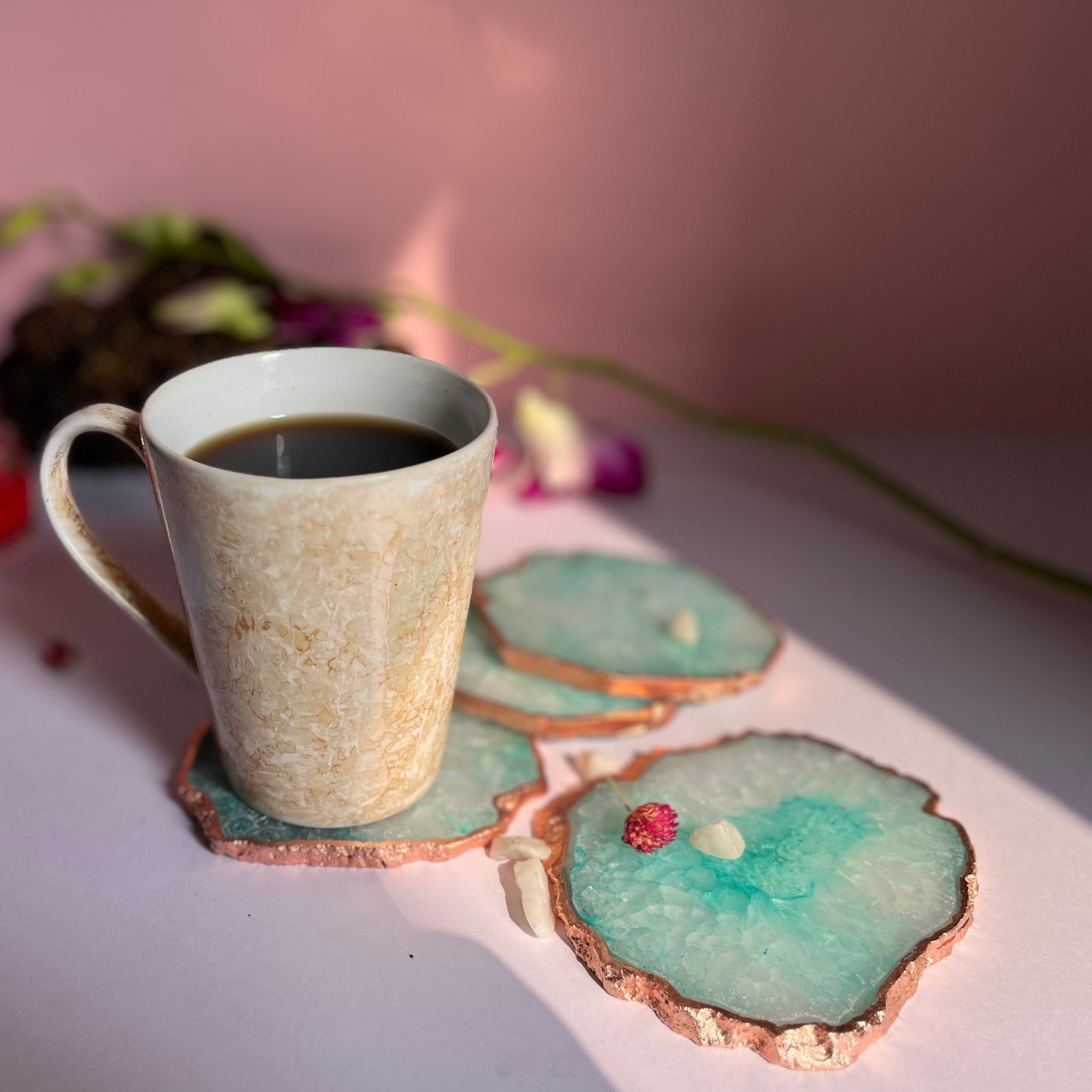 White  Crystal Agate Coaster With Rose Gold Plating