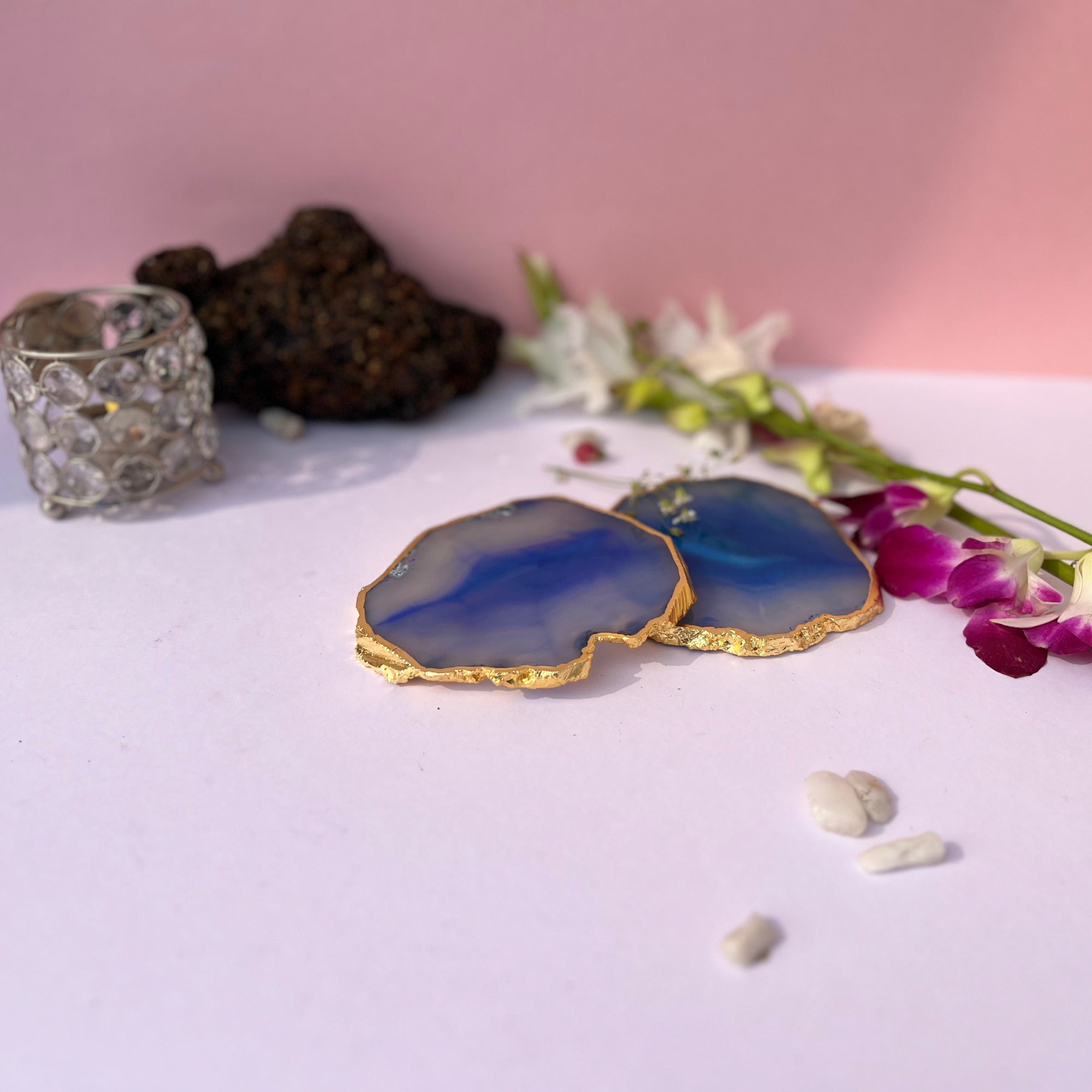 Purple  Natural Brazilian Agate Coaster With  Gold Plating