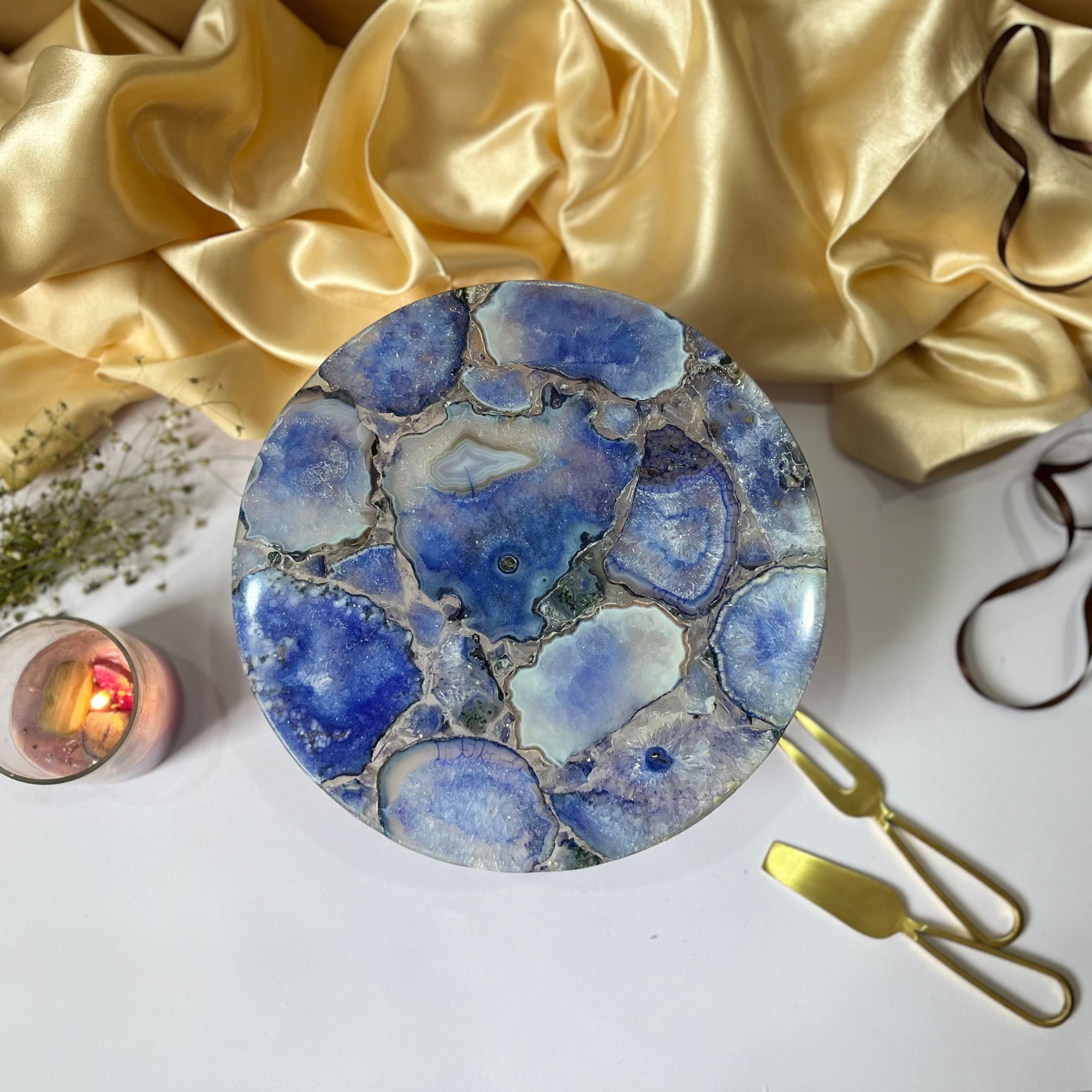 Blue Agate Cake Stand with Wooden Base -10 Inches