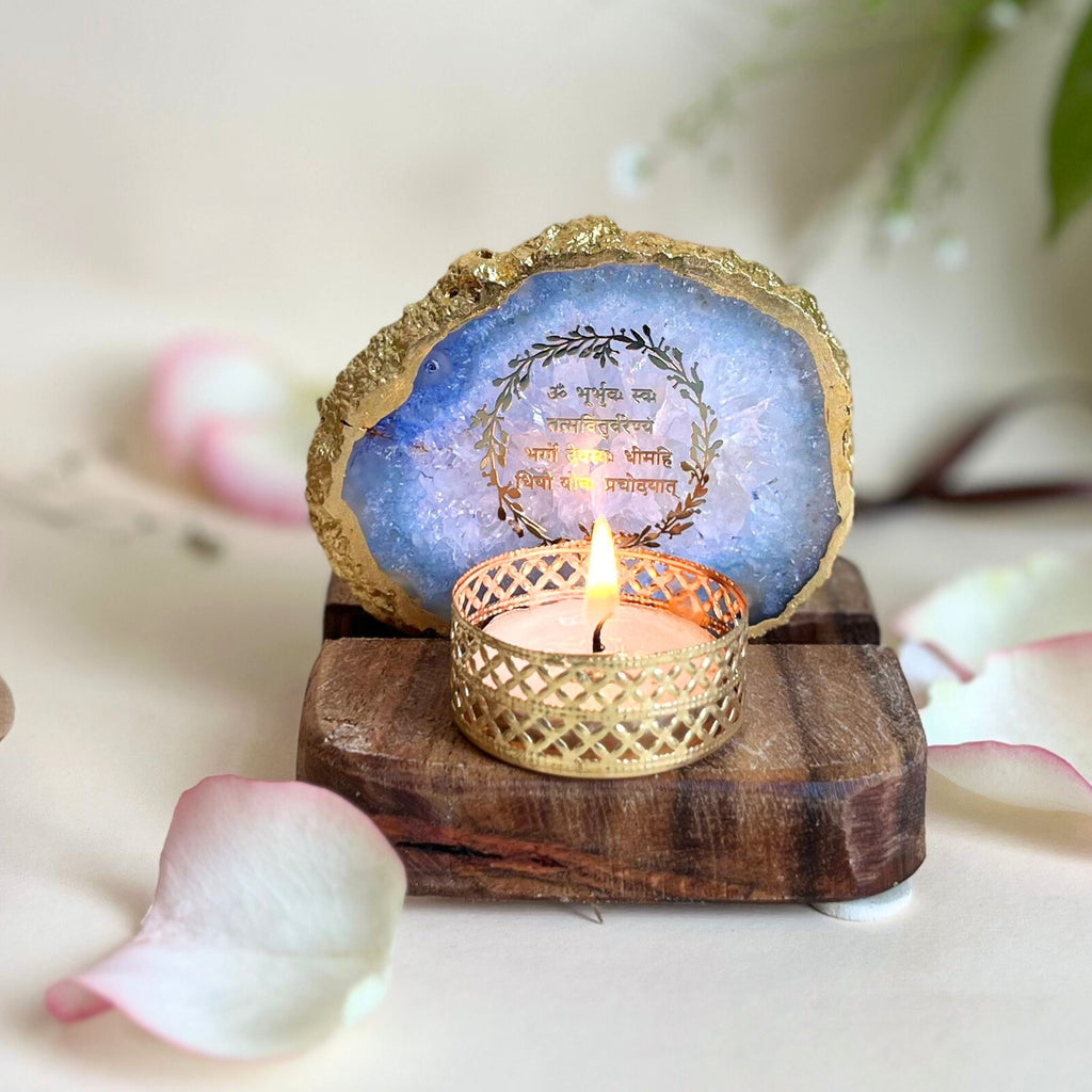 Gayatri mantra Agate Tea Light Holder  with Wood Stand