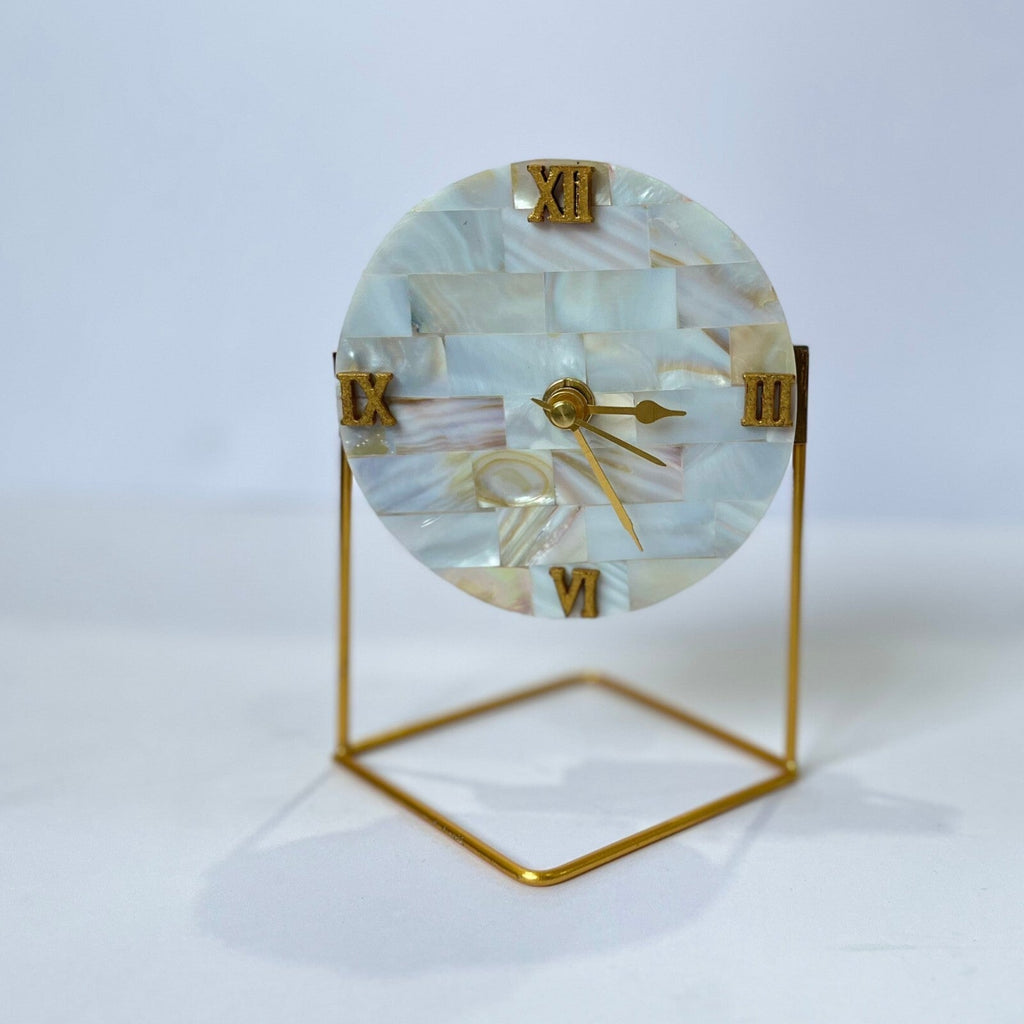 Round  Mother of Pearl Desktop Clock  With Metal Stand