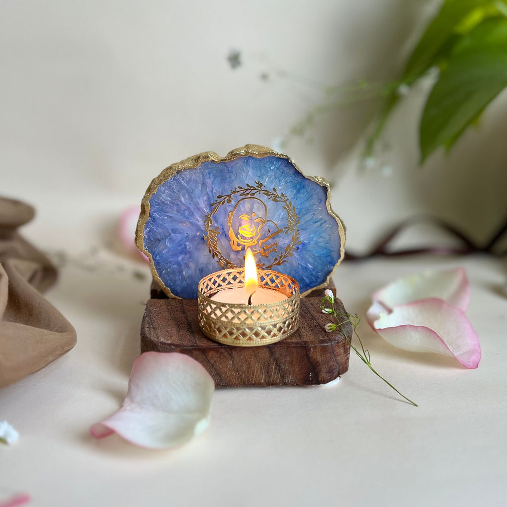 GURU JEE Agate Tea Light Holder with Wood Stand
