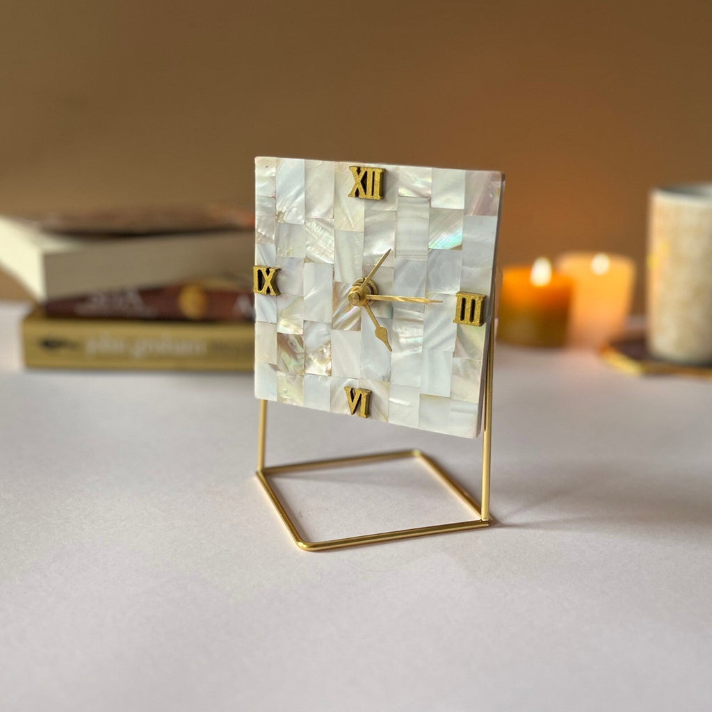 Square   Mother of Pearl Desktop Clock   With Metal Stand