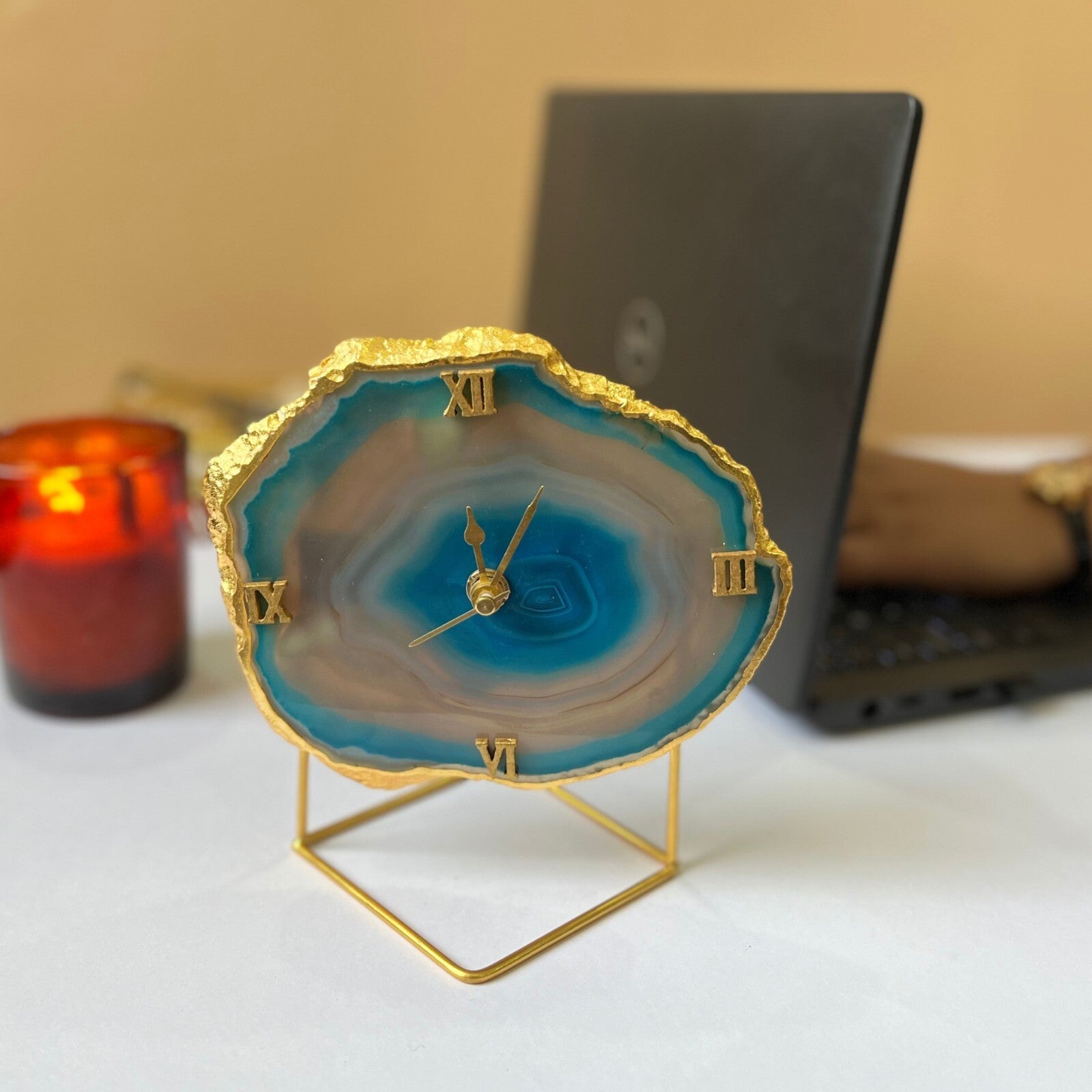 Green Brazilian Agate Desktop Clock with Metal  Stand