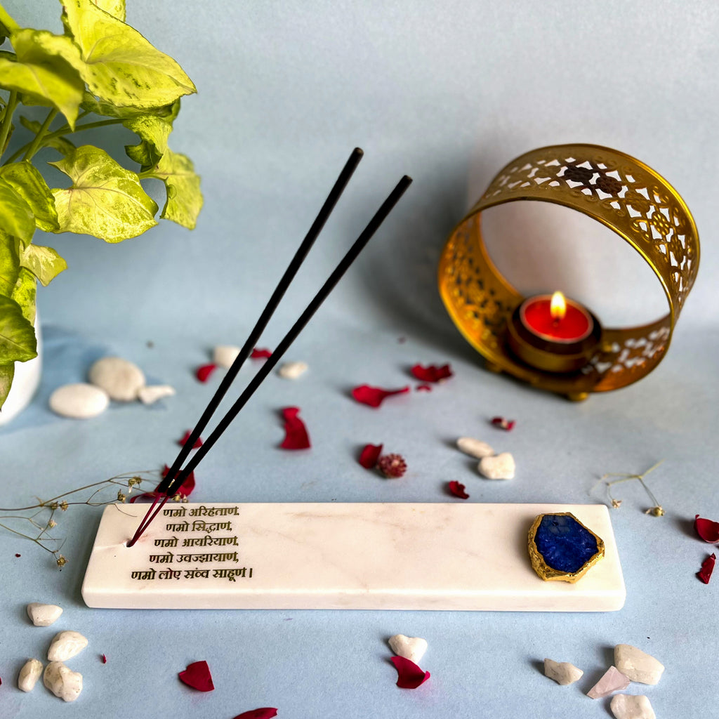 Marble with Agate Namokar Mantra Agarbatti Stand Puja Incense Stick Holder with Ash Catcher Incense Burner
