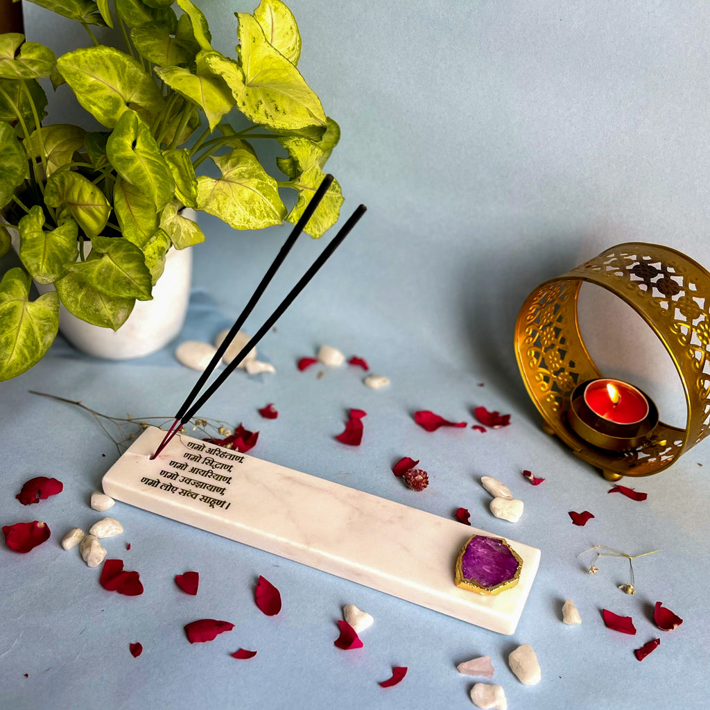 Marble with Agate Namokar Mantra Agarbatti Stand Puja Incense Stick Holder with Ash Catcher Incense Burner