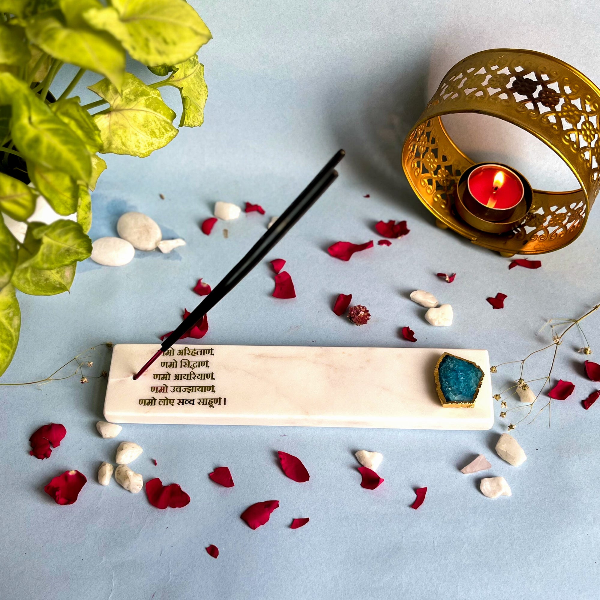 Marble with Agate Namokar Mantra Agarbatti Stand Puja Incense Stick Holder with Ash Catcher Incense Burner