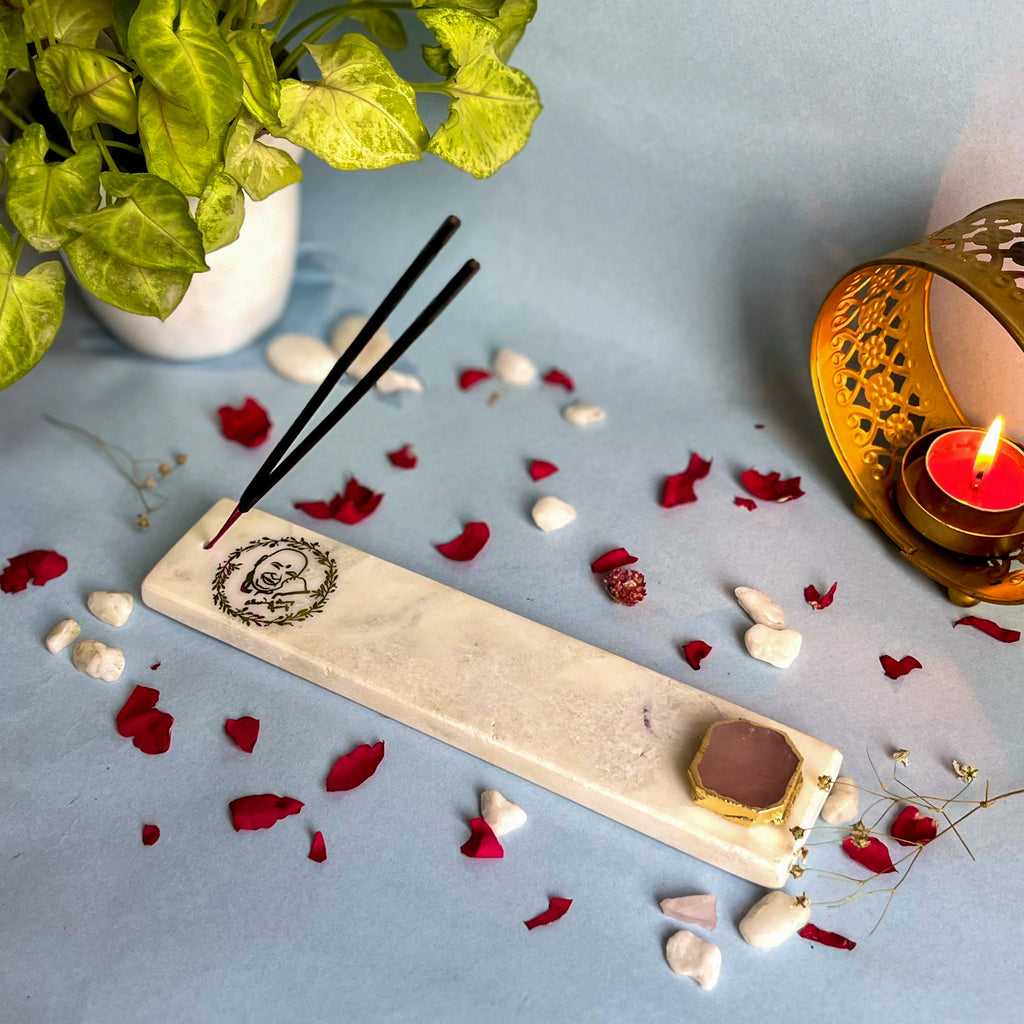 Marble with Rose Quartz Guru Ji Agarbatti Stand