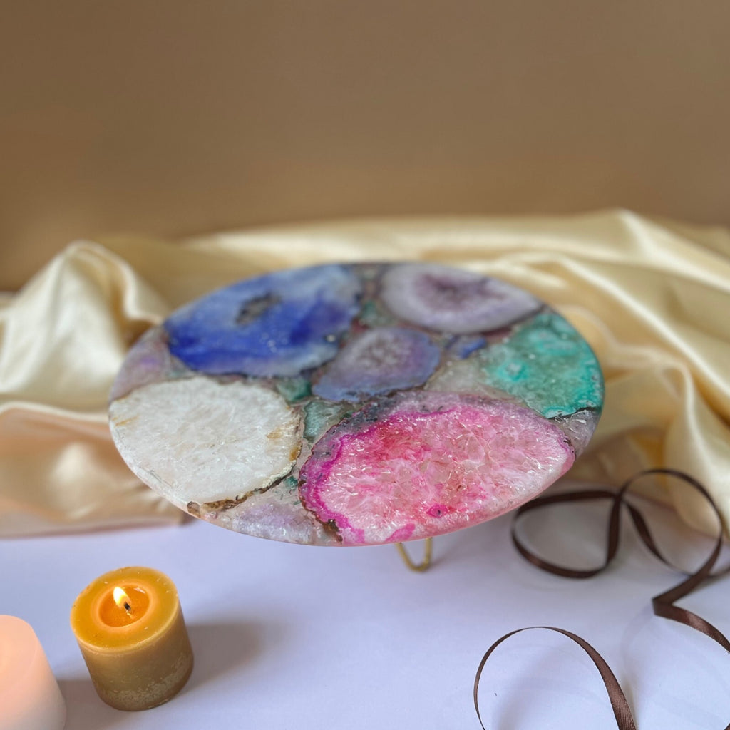 Multicolor Agate Cake Stand with Metal Base  - 10 Inches