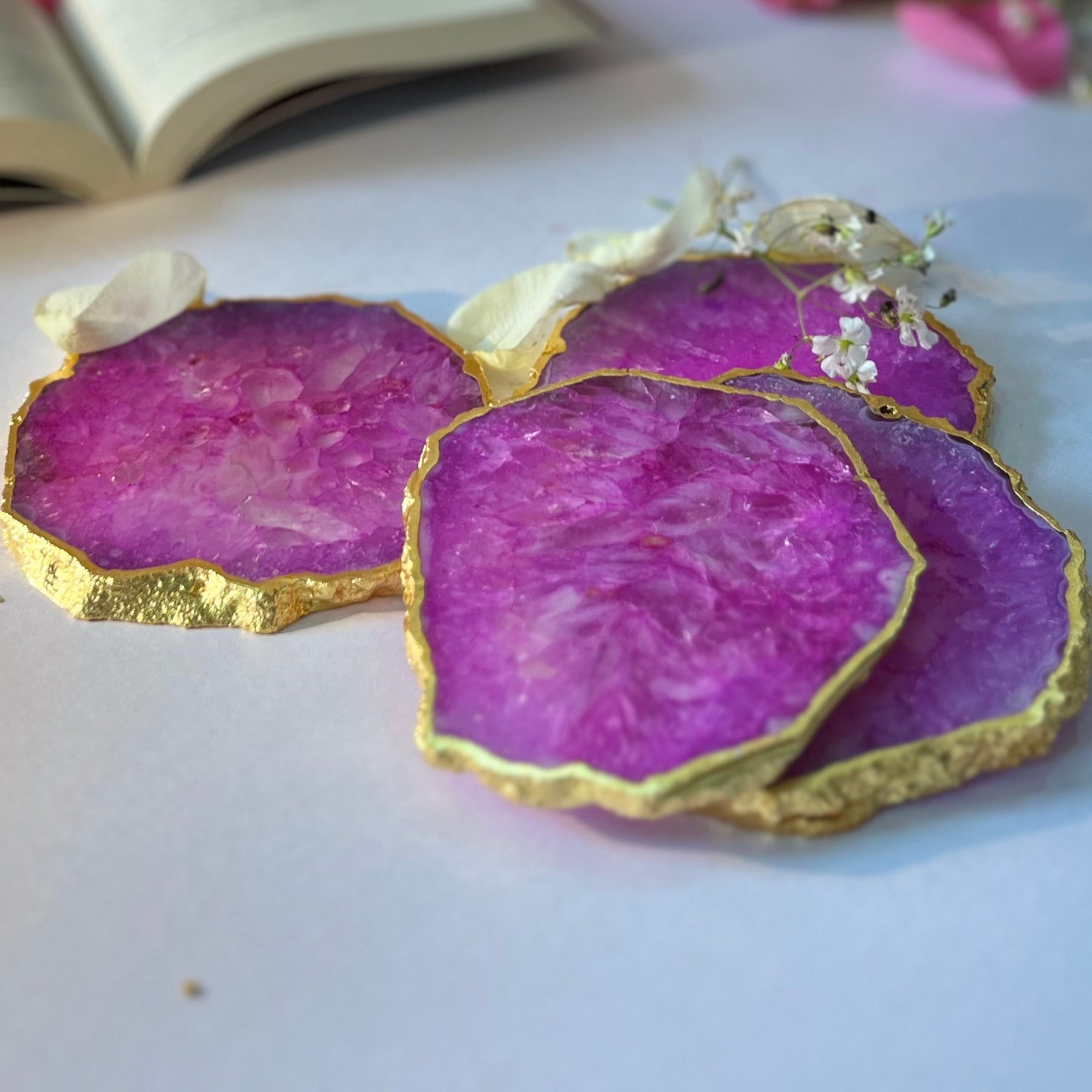 Green  Crystal Agate Coaster With Gold Plating