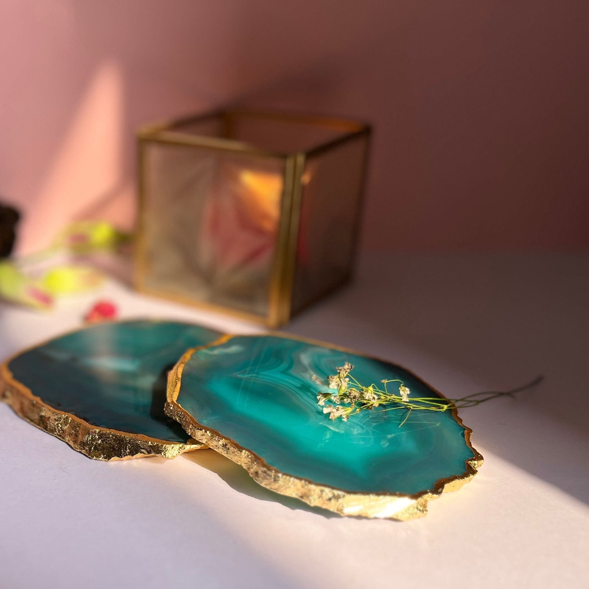 Pink  Natural Brazilian Agate Coaster With  Gold Plating