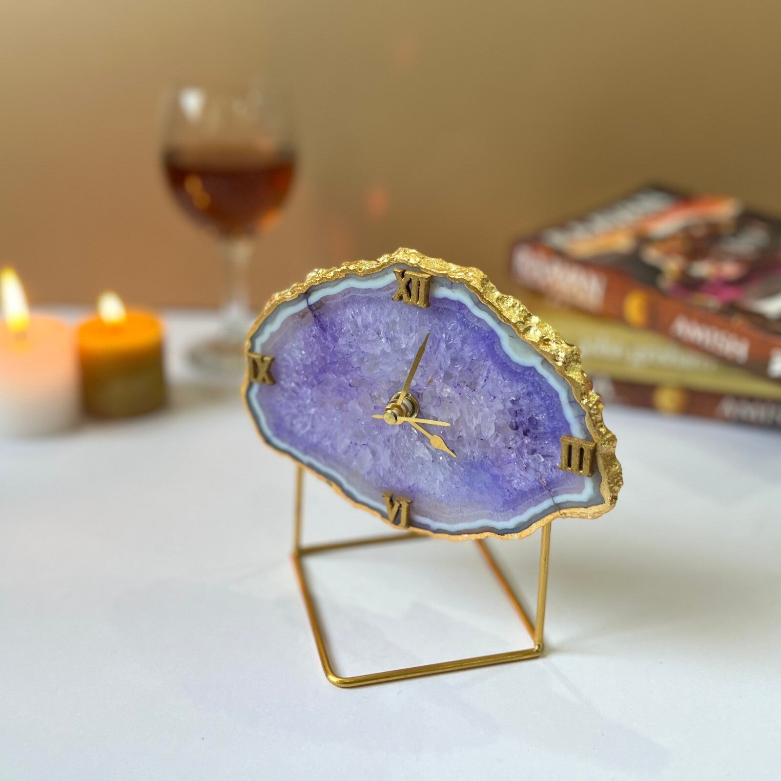 Purple Crystal Agate Desktop Clock with Metal Stand