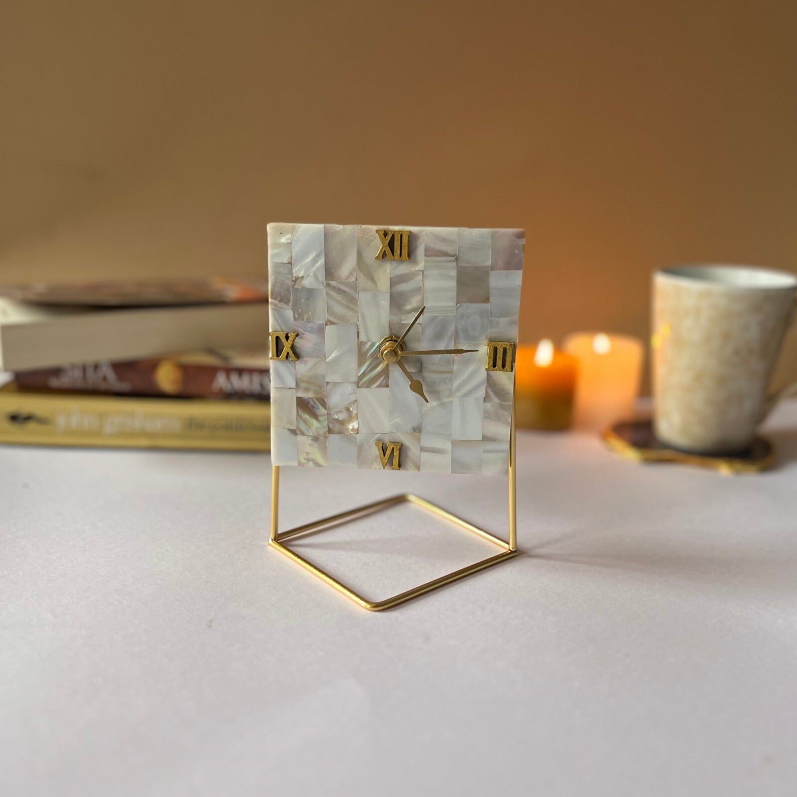 Square   Mother of Pearl Desktop Clock   With Metal Stand