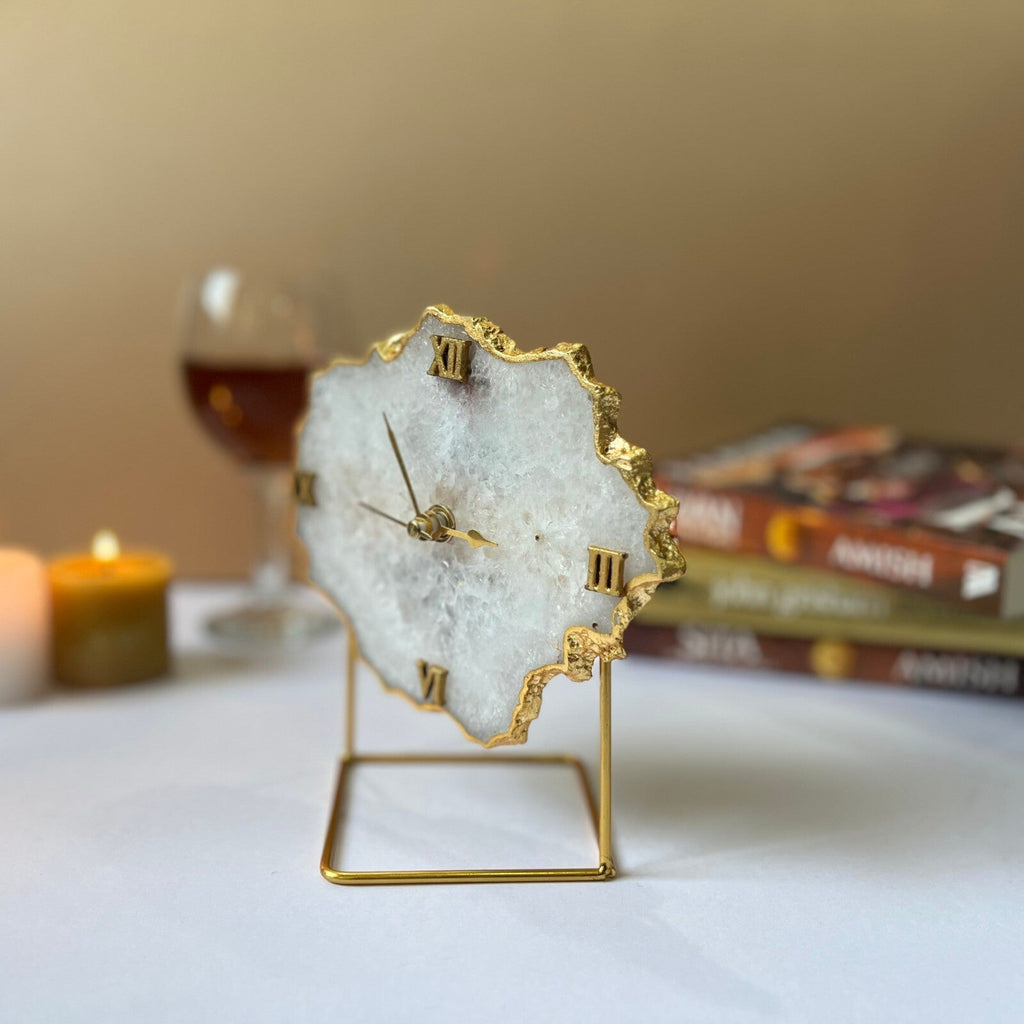 White Crystal Agate Desktop Clock With Metal Stand