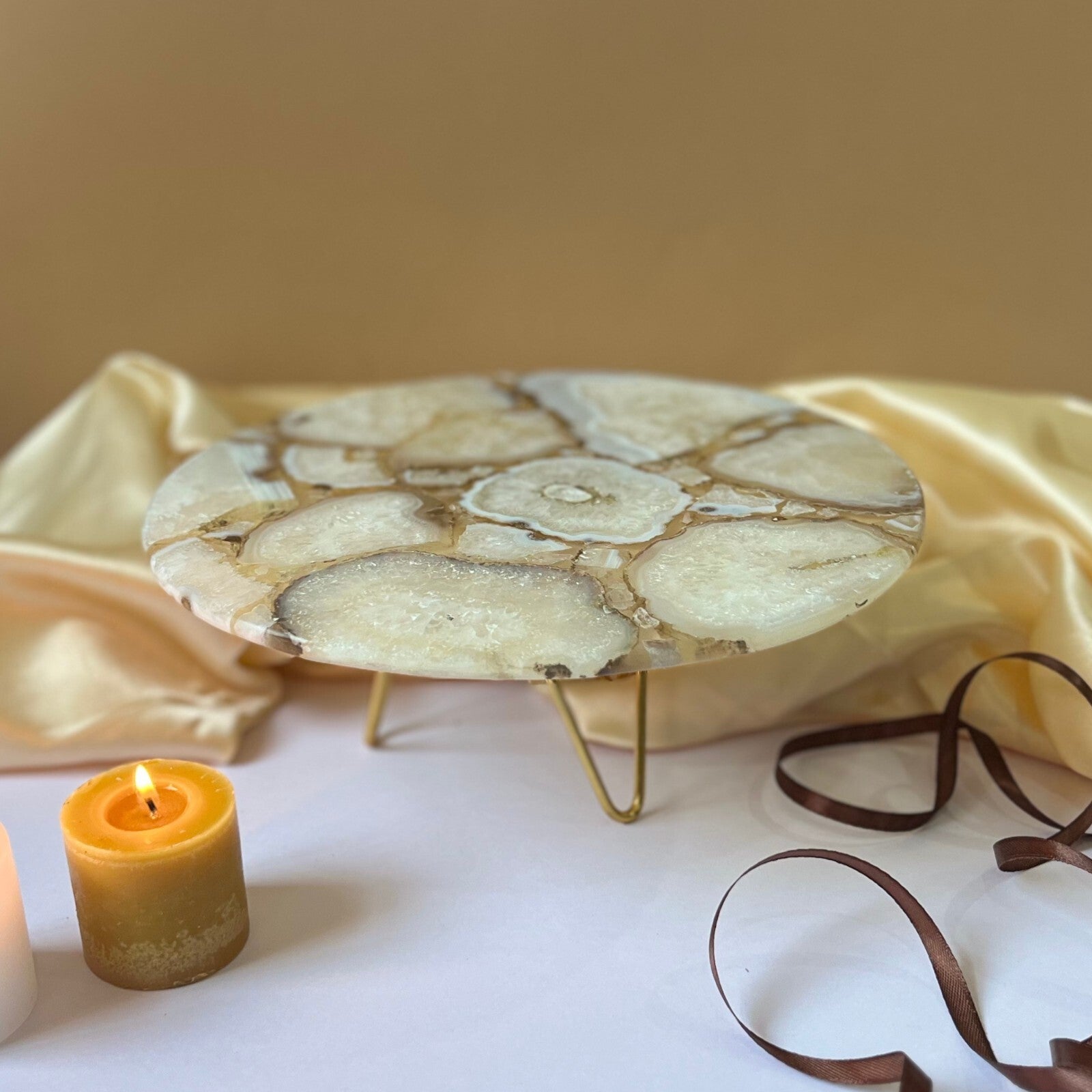 Natural Agate Cake Stand with Metal Base - 10 Inches