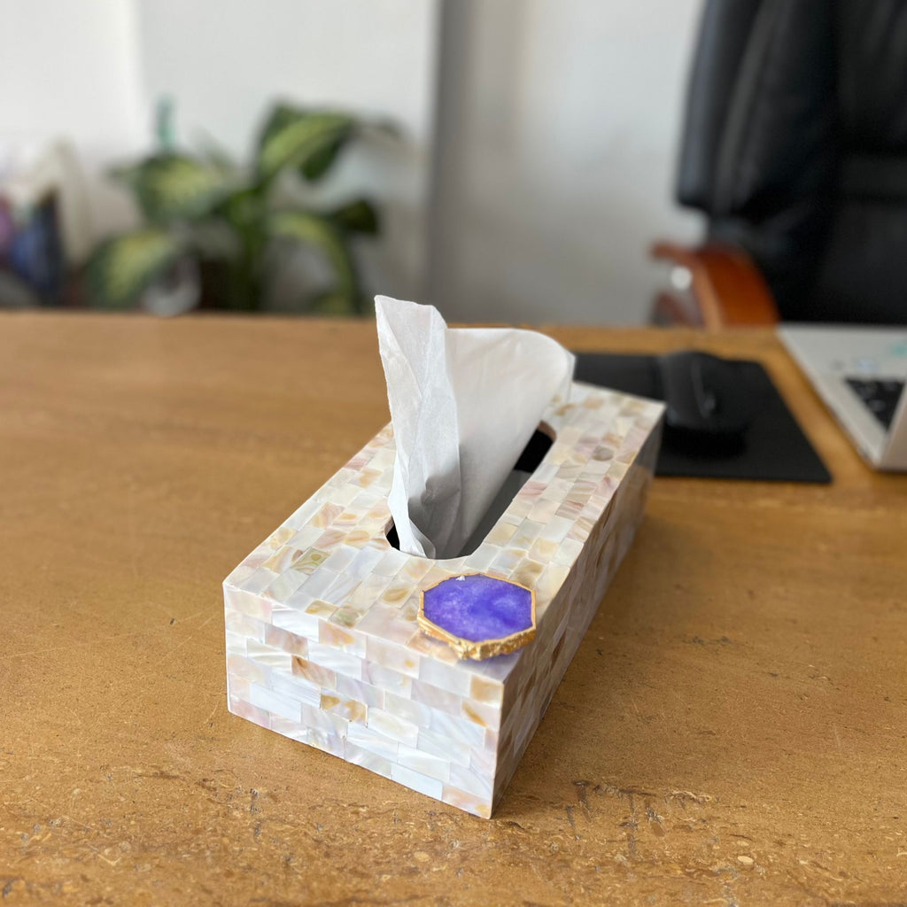 Purple Agate with  Mother of Pearl  Tissue Box Holder