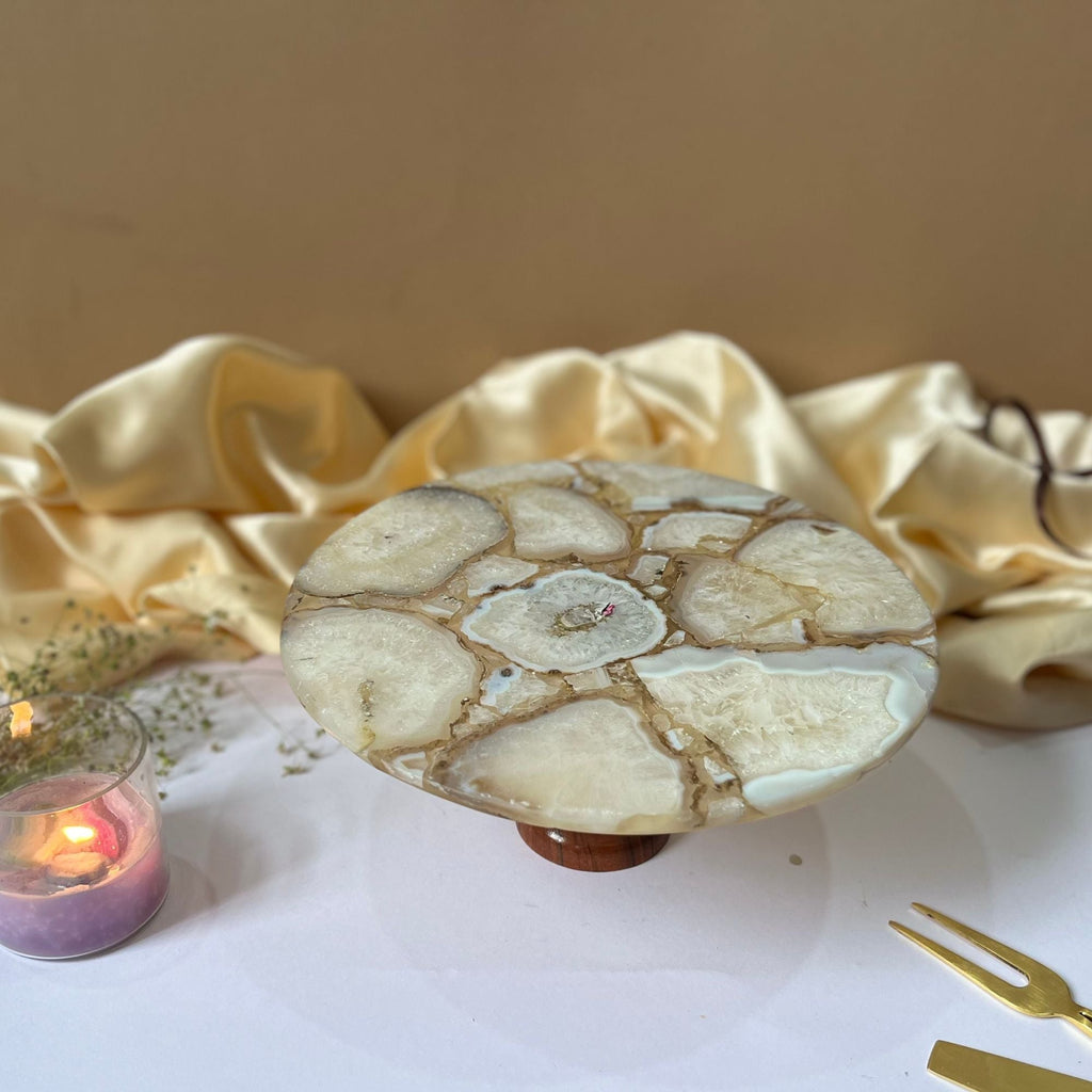Purple Agate Cake Stand with Wooden Base - 10 Inches