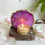 Gayatri mantra Agate Tea Light Holder  with Wood Stand