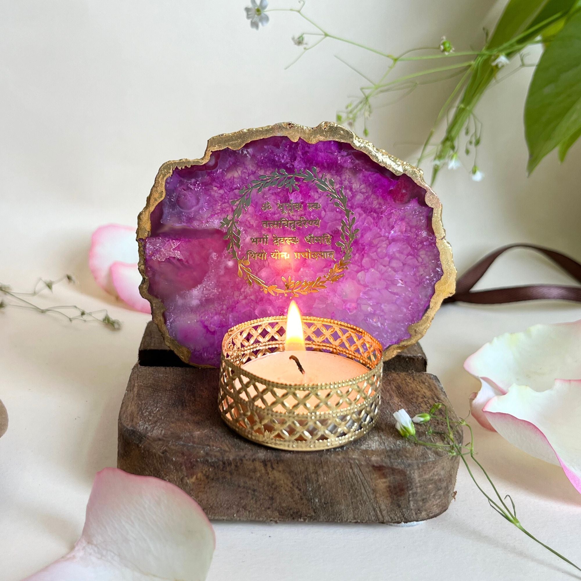 Gayatri mantra Agate Tea Light Holder  with Wood Stand