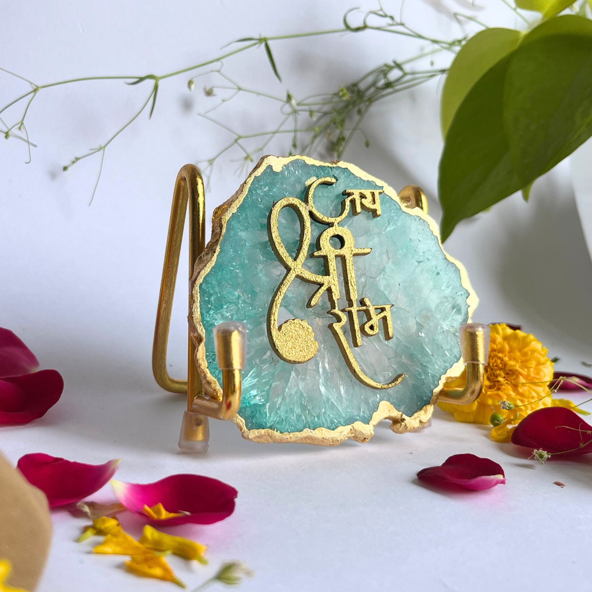 Jai Shree Ram Green Agate  with Metal Stand