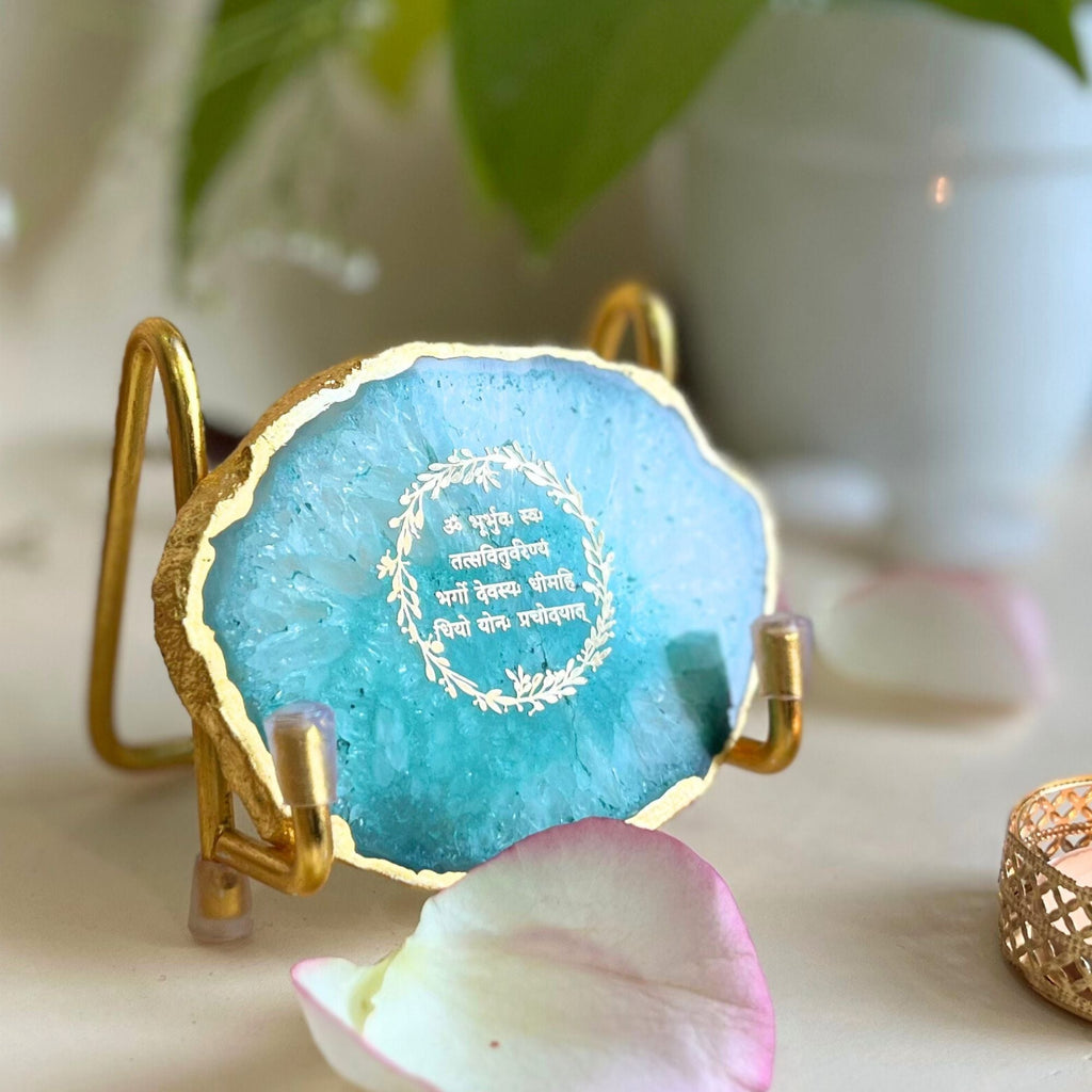 Gayatri Mantra with Pink Agate Metal Stand