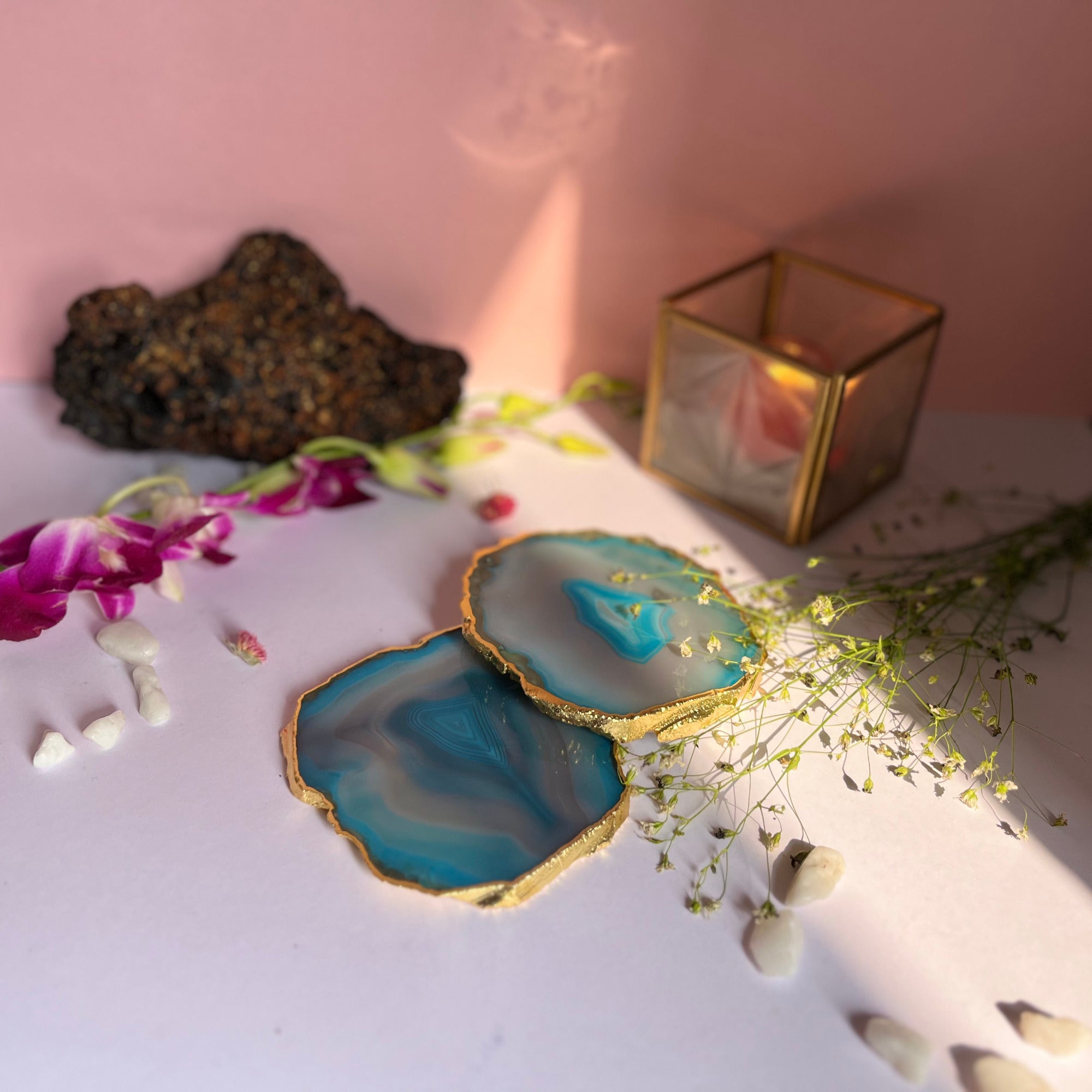 Purple  Natural Brazilian Agate Coaster With  Gold Plating