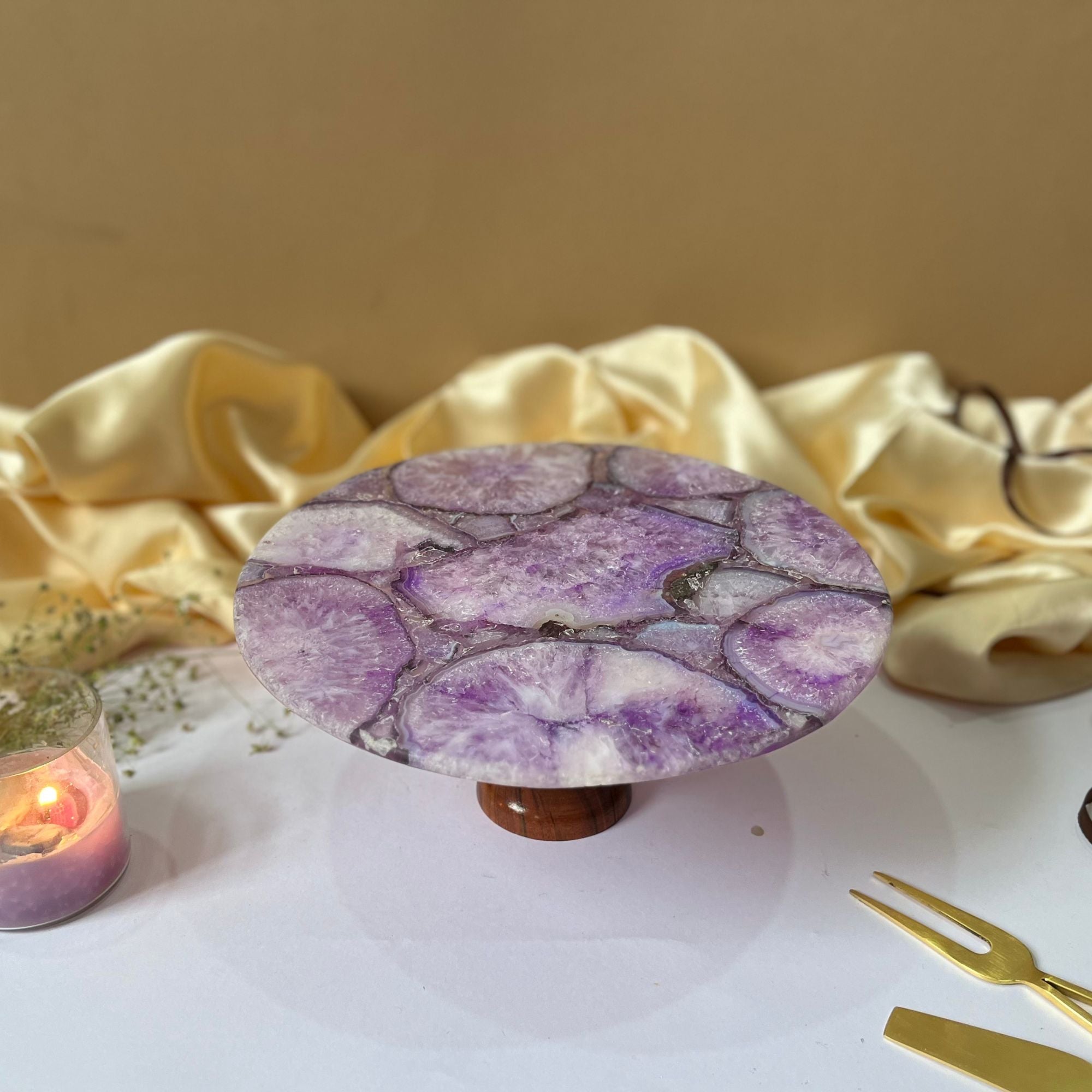 Multicolor Agate Cake Stand with Wooden Base - 10 Inches