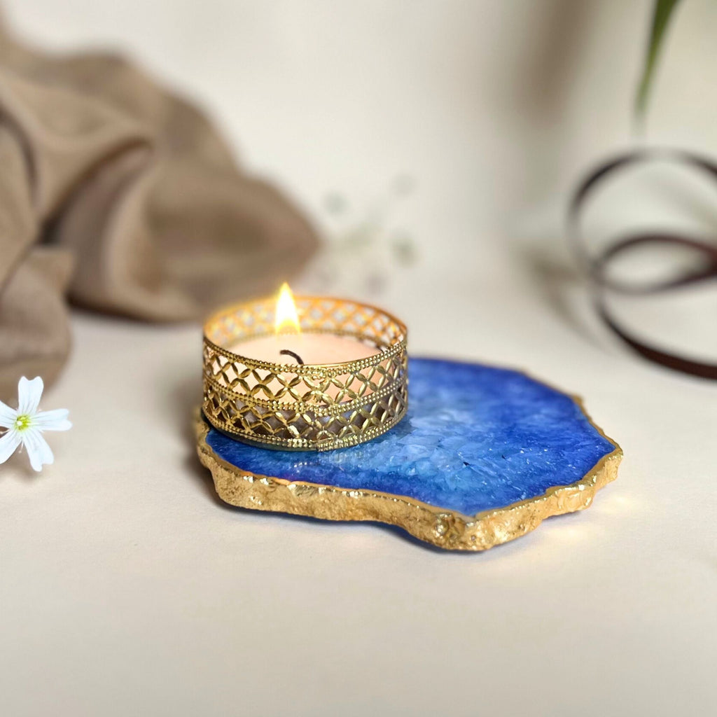 Agate Tea Light Holder with Gold Plated, Diwali Decor