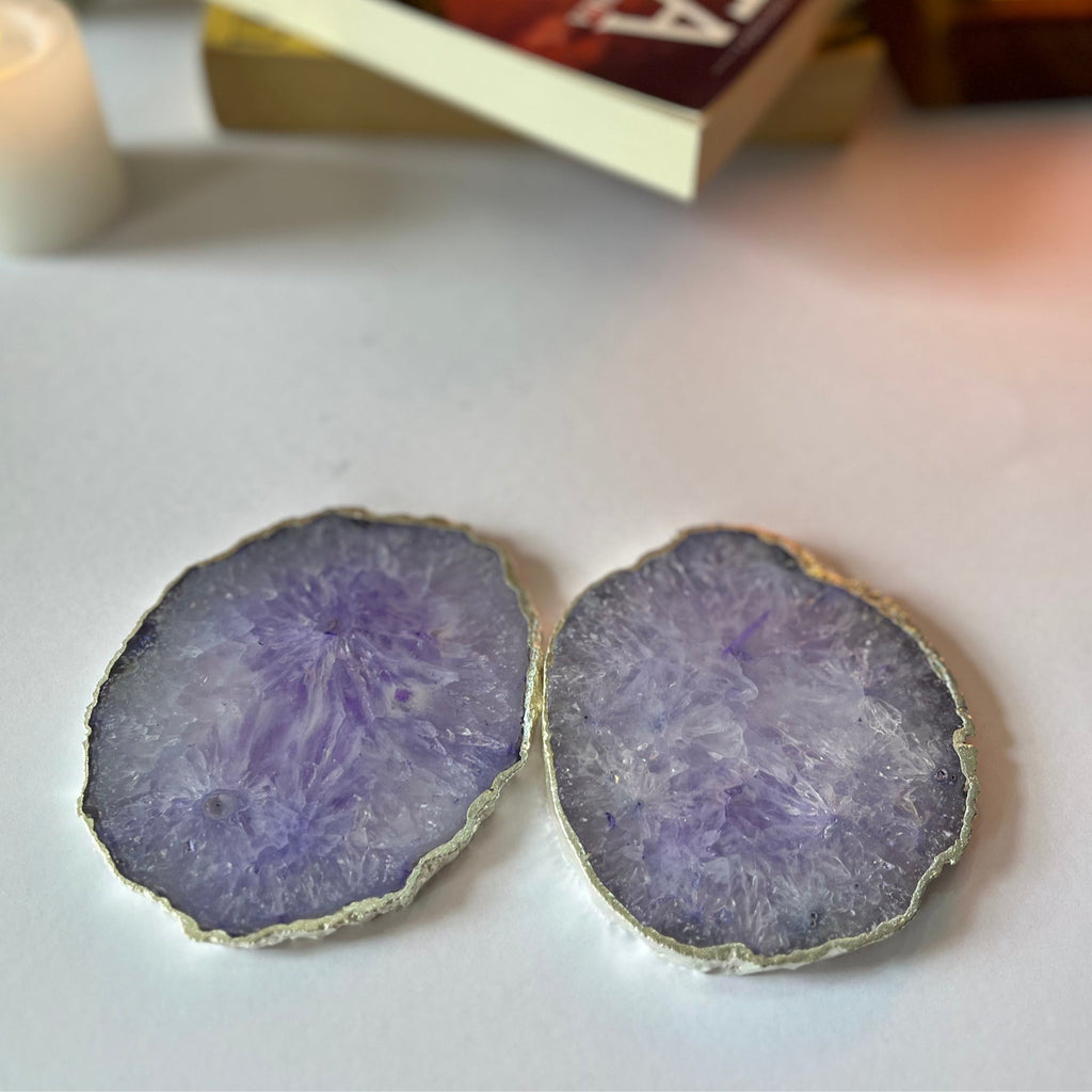 Purple  Crystal Agate Coaster With Silver Plating