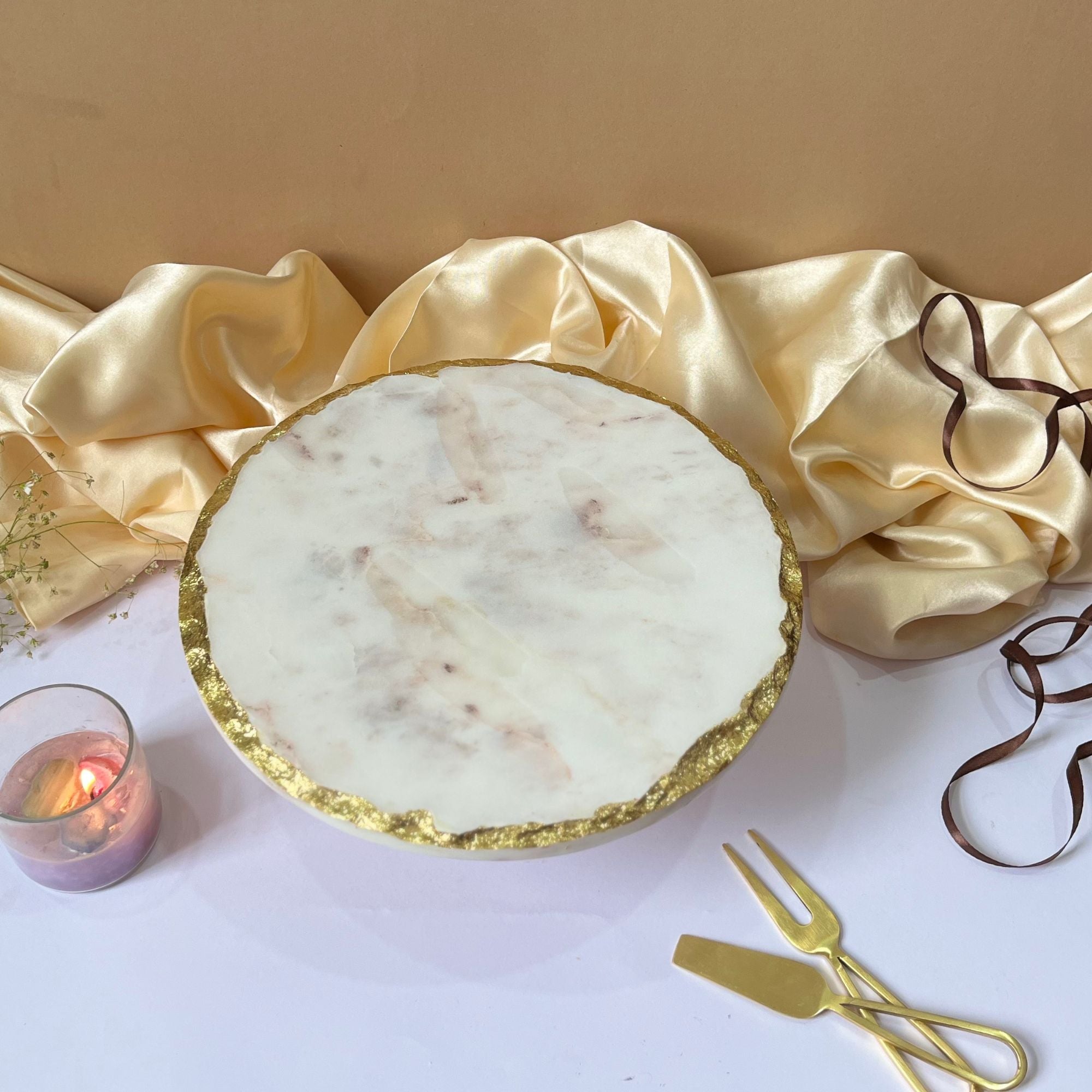 Marble Gold Plated Cake Stand with Wooden Base - 10 Inches