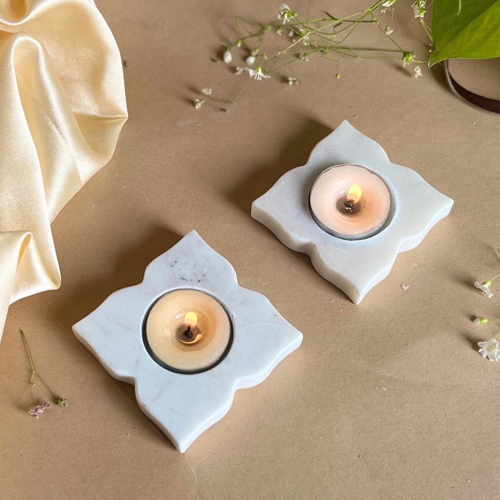 Floral Design Marble tea light Holder Set of 2