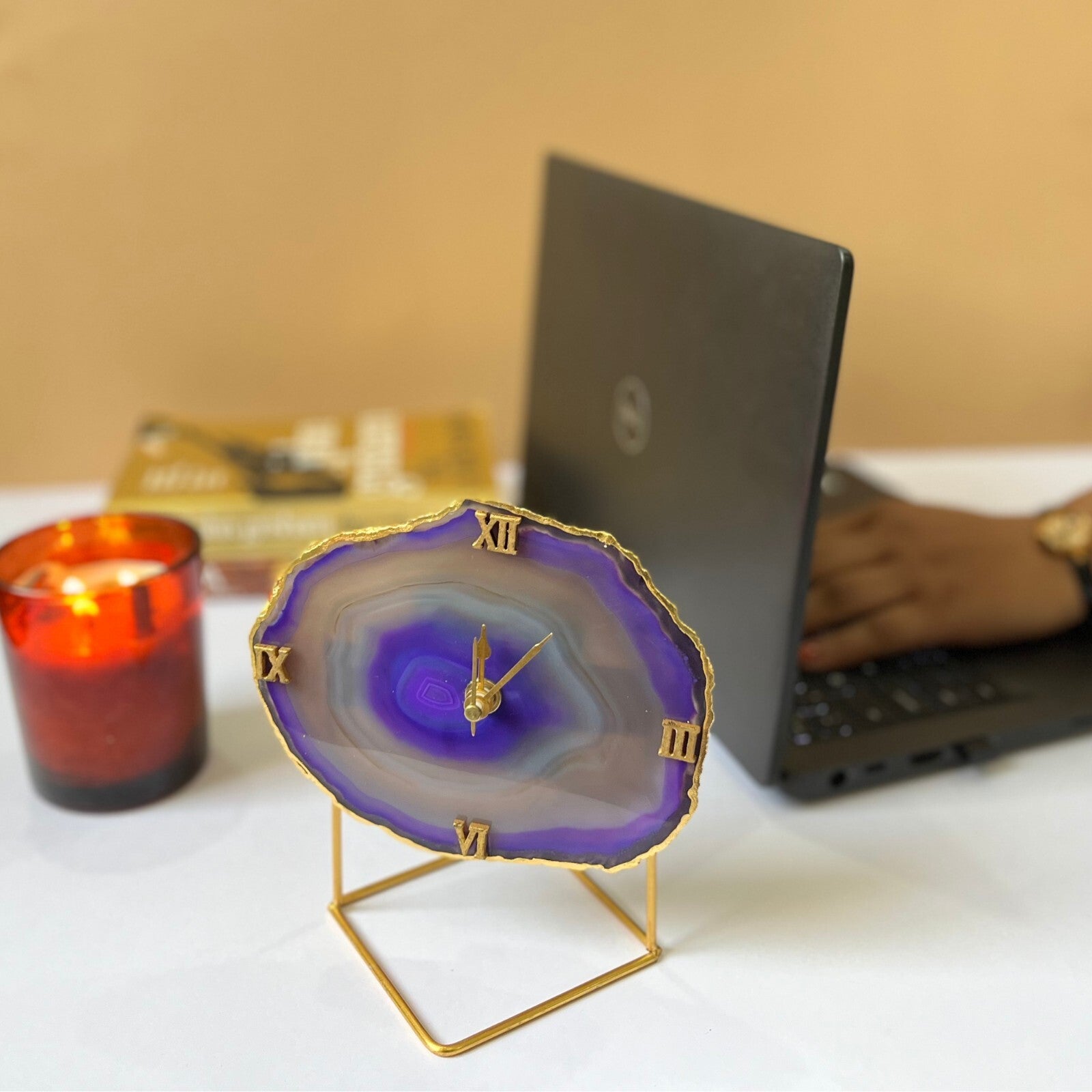 Purple Brazilian Agate Desktop Clock with Metal  Stand