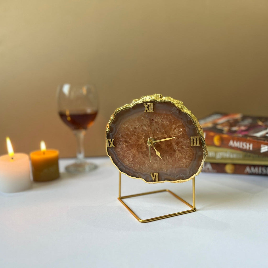Brown Crystal Agate Desktop Clock with Metal Stand