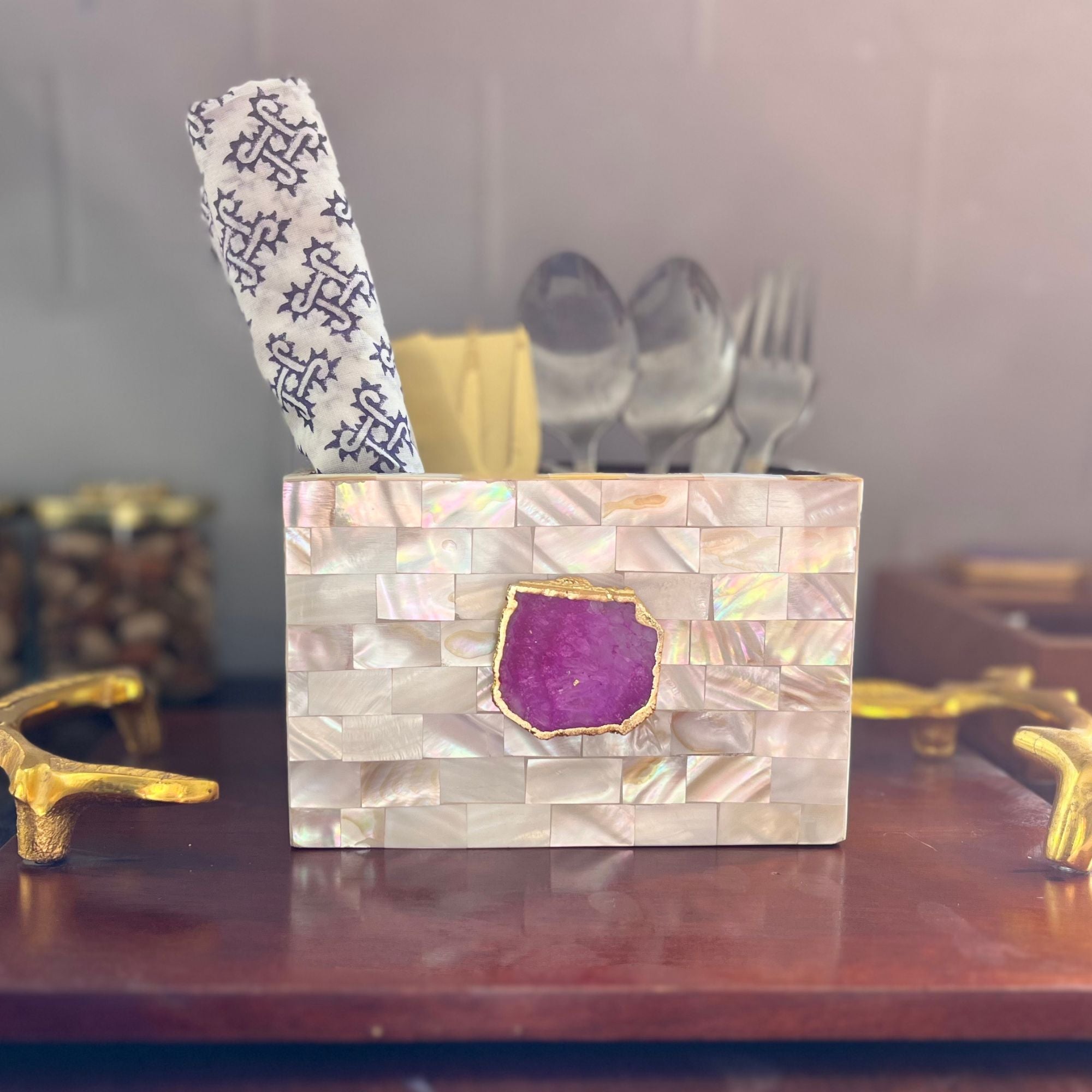 Pink Agate  With Mother Of Pearl Cutlery Holder