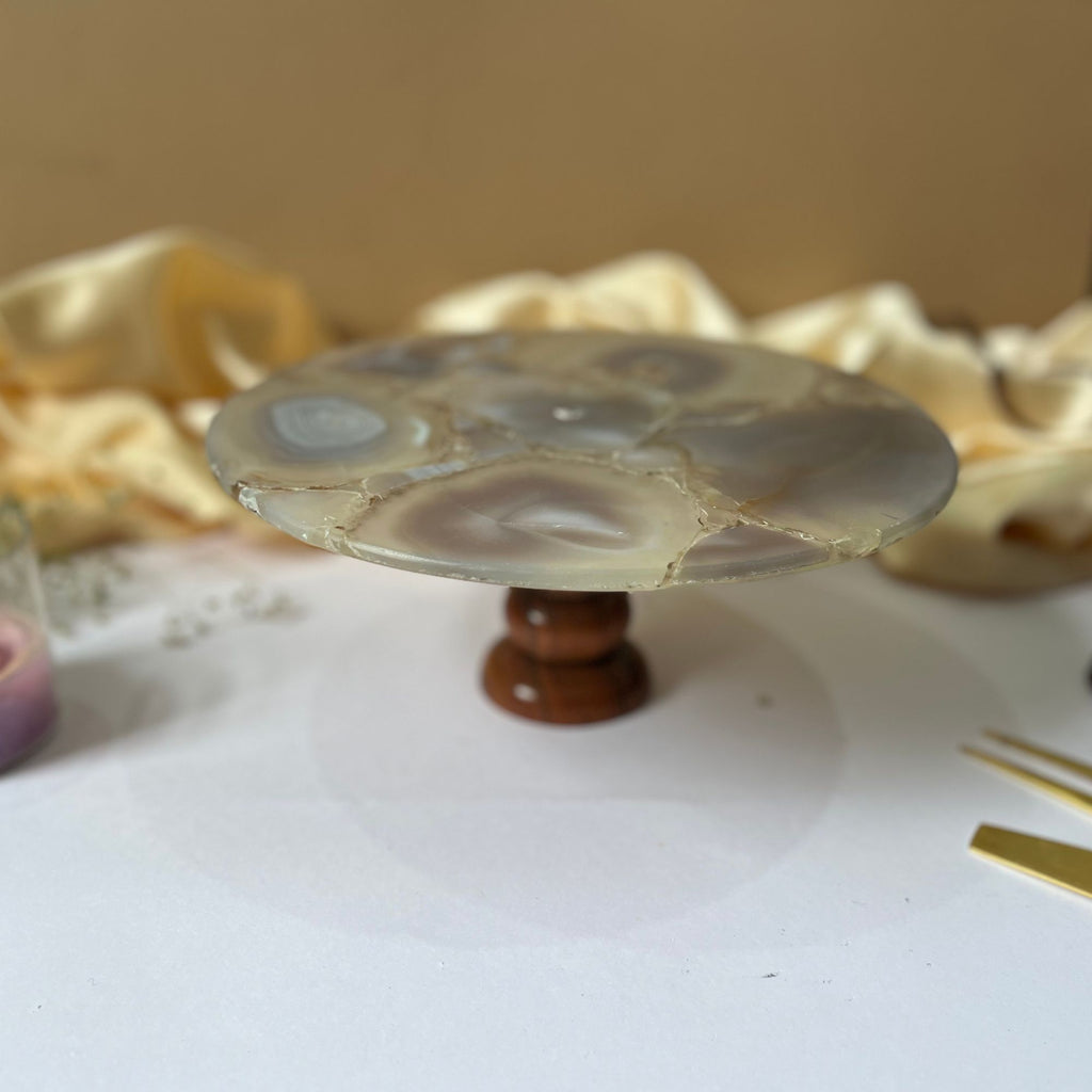 Natural Agate Cake Stand with Wooden Base - 10 Inches