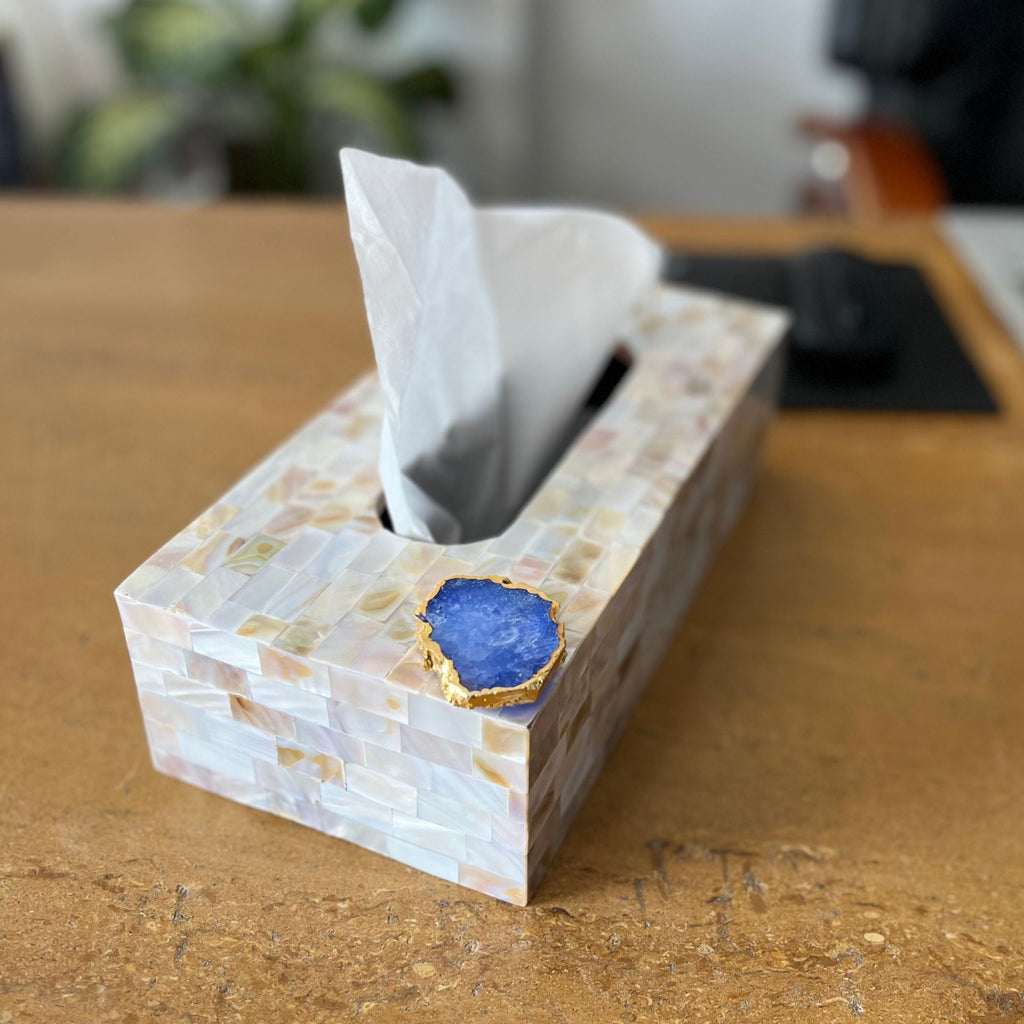 White Agate with  Mother of Pearl Tissue Box Holder