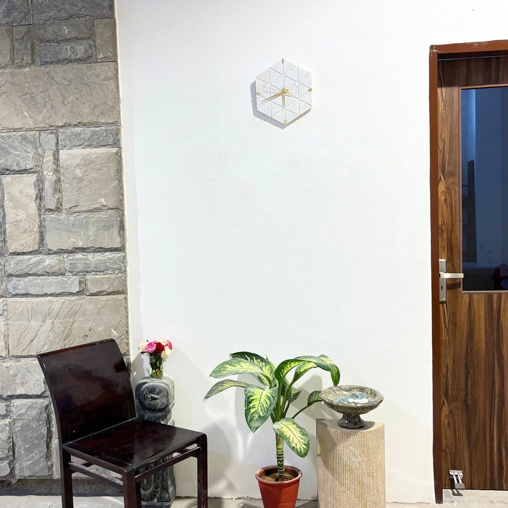 White Marble Hexagon Wall Clock