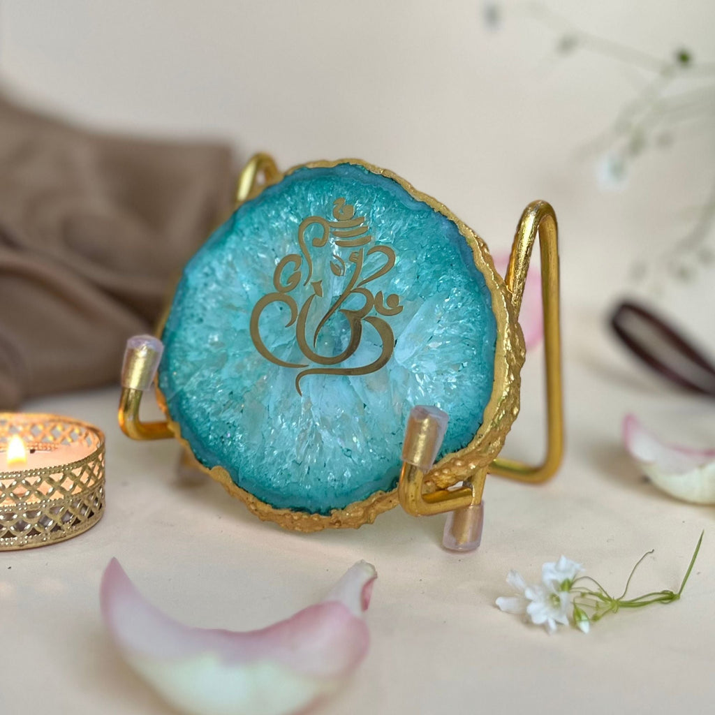 Lord Ganesh Ji - green Agate Metal Stand