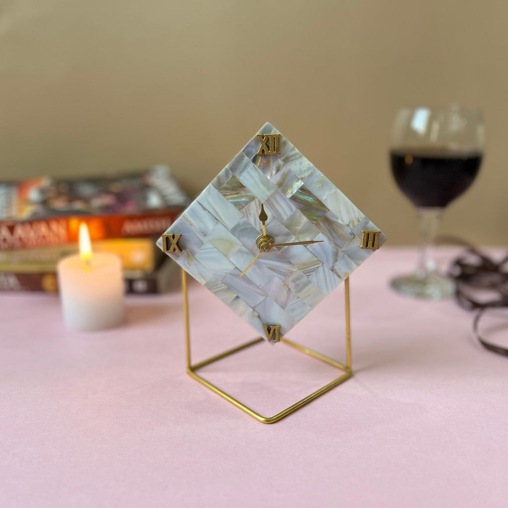 Diamond Mother Of Pearl Desktop Clock  With Metal Stand
