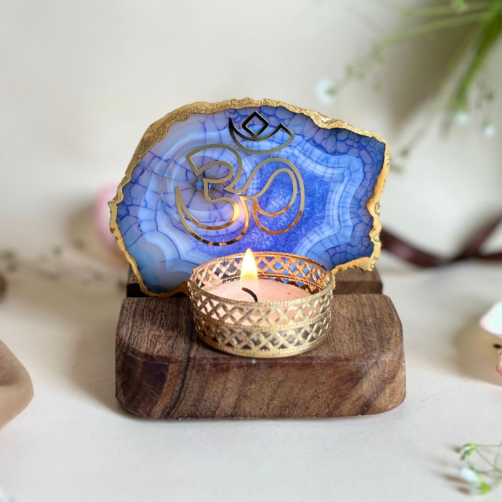 OM Agate Tea Light Holder with Wood Stand