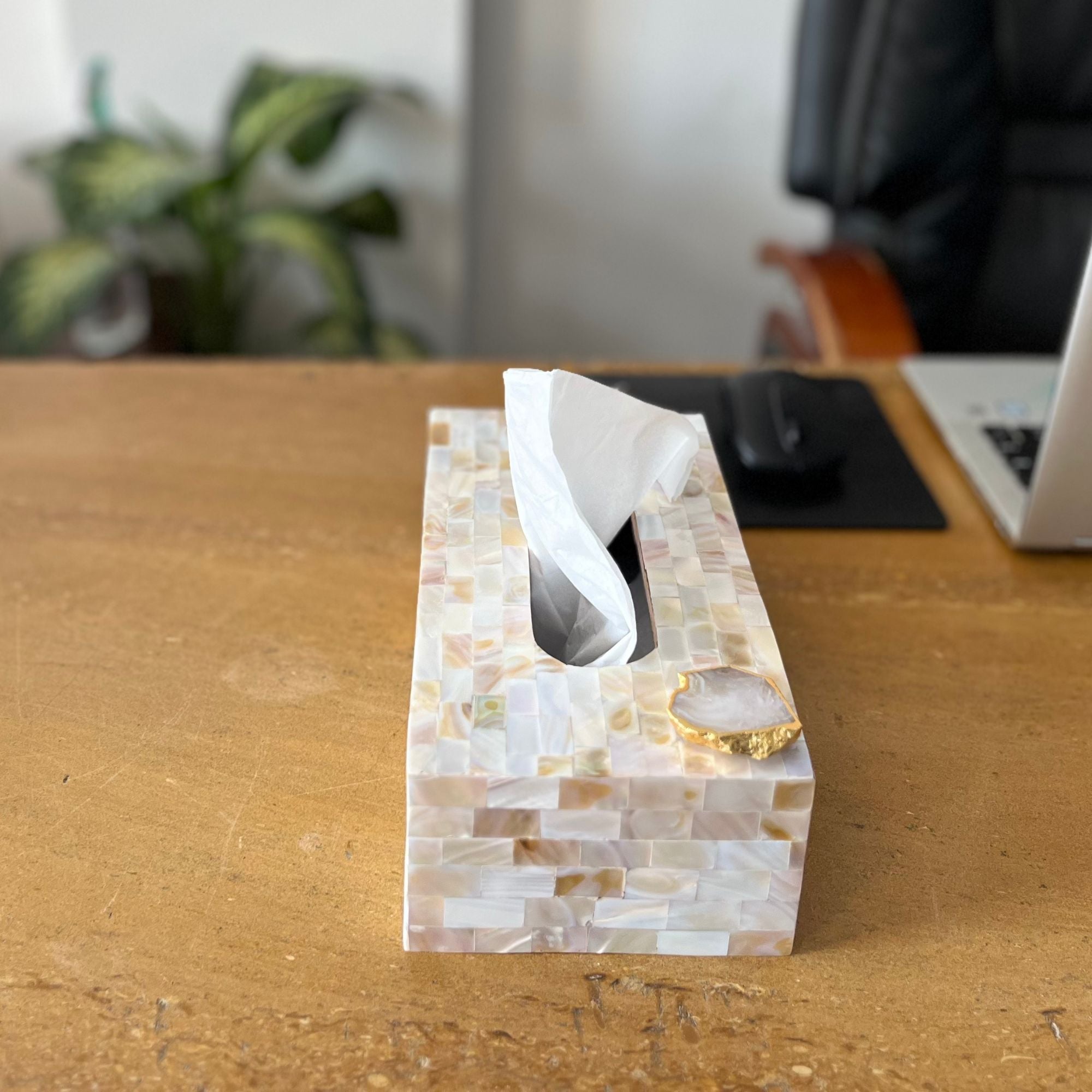 White Agate with  Mother of Pearl Tissue Box Holder