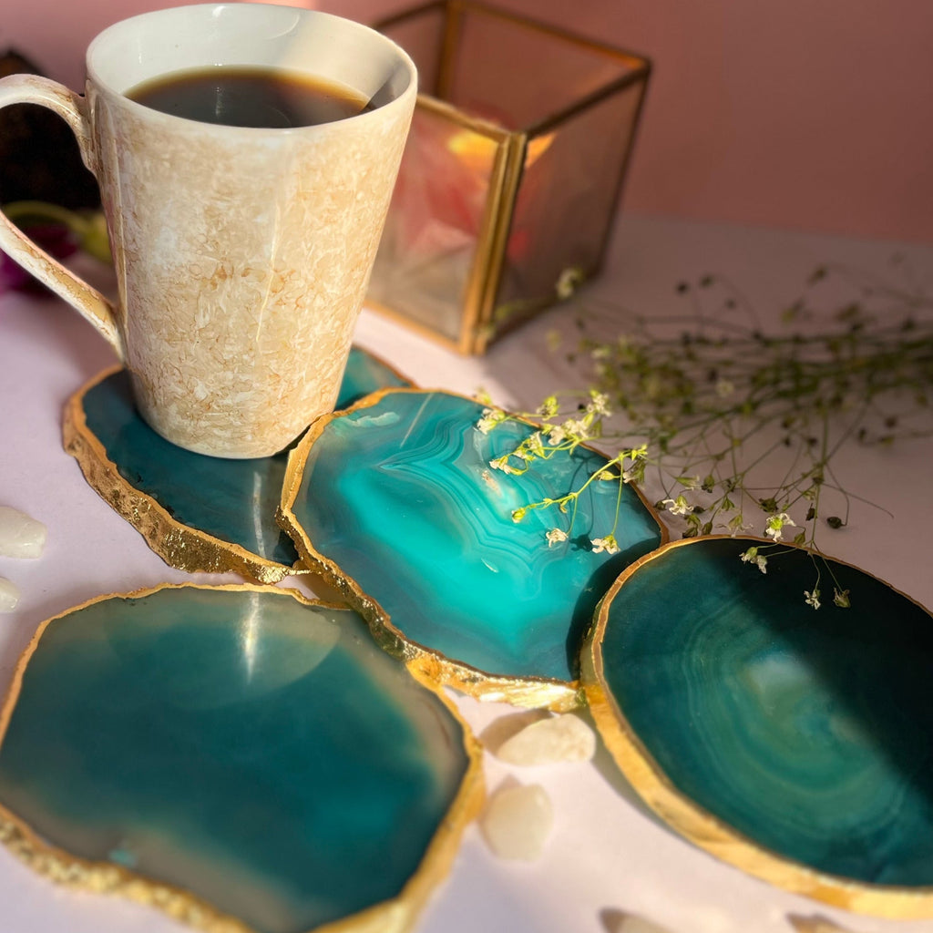 Turquoise  Natural Brazilian Agate Coaster With  Gold Plating