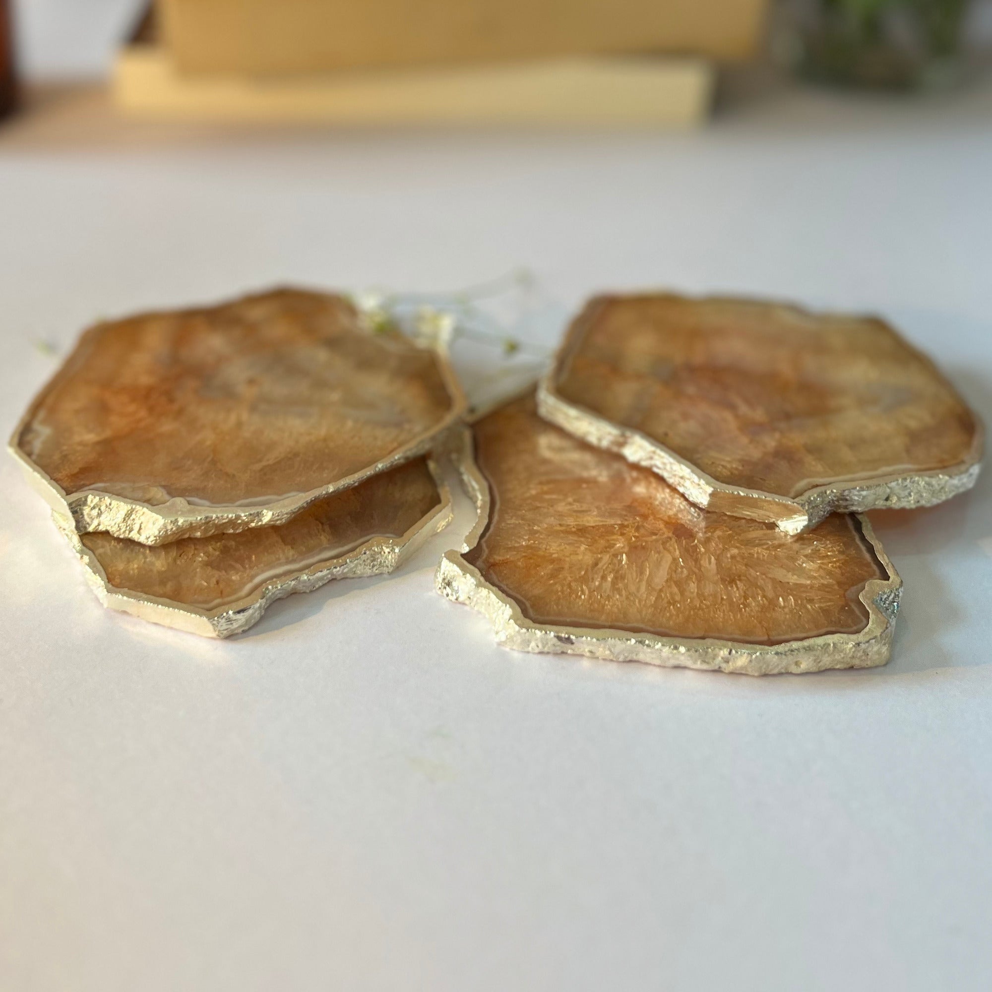 Brown  Crystal Agate Coaster With Silver Plating