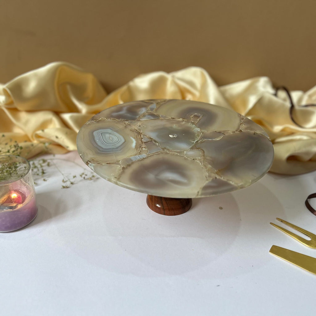 Natural Agate Cake Stand with Wooden Base - 10 Inches