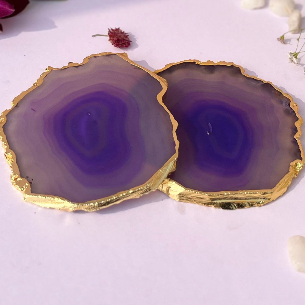 Pink  Natural Brazilian Agate Coaster With  Gold Plating